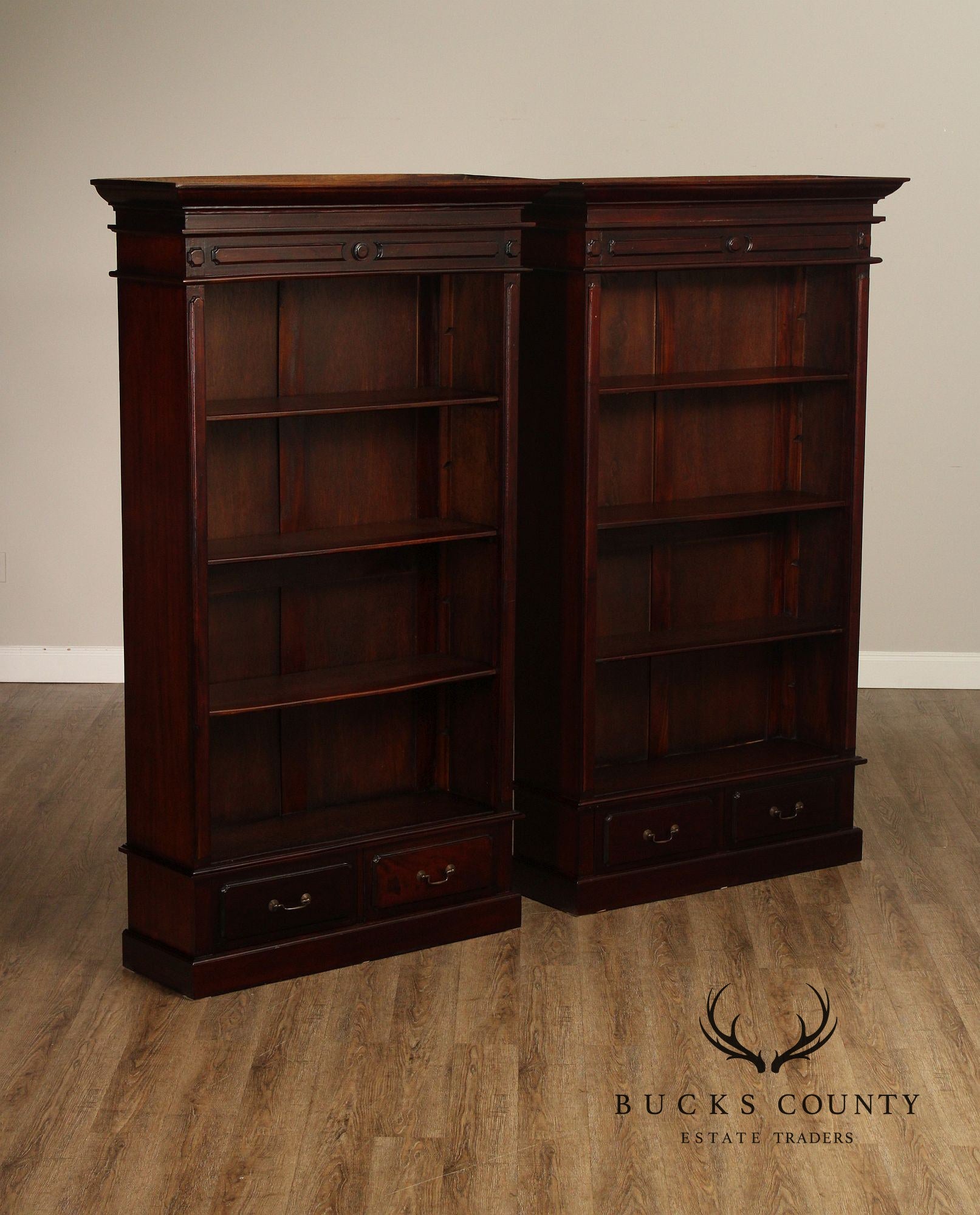 Mahogany Pair Of Tall Open Bookcases With Drawers