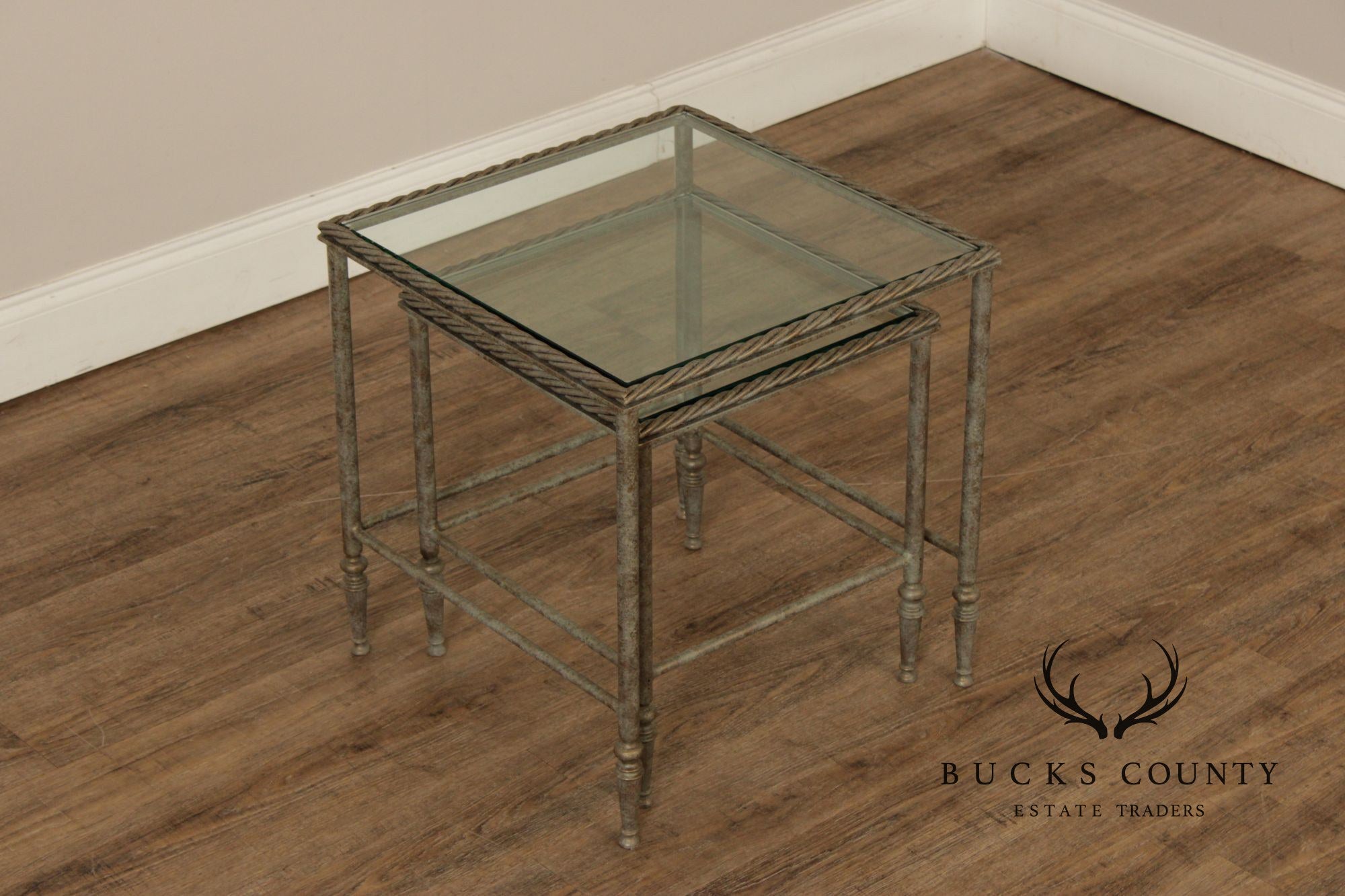 Vintage Pair of Iron Glass Top Nesting Tables