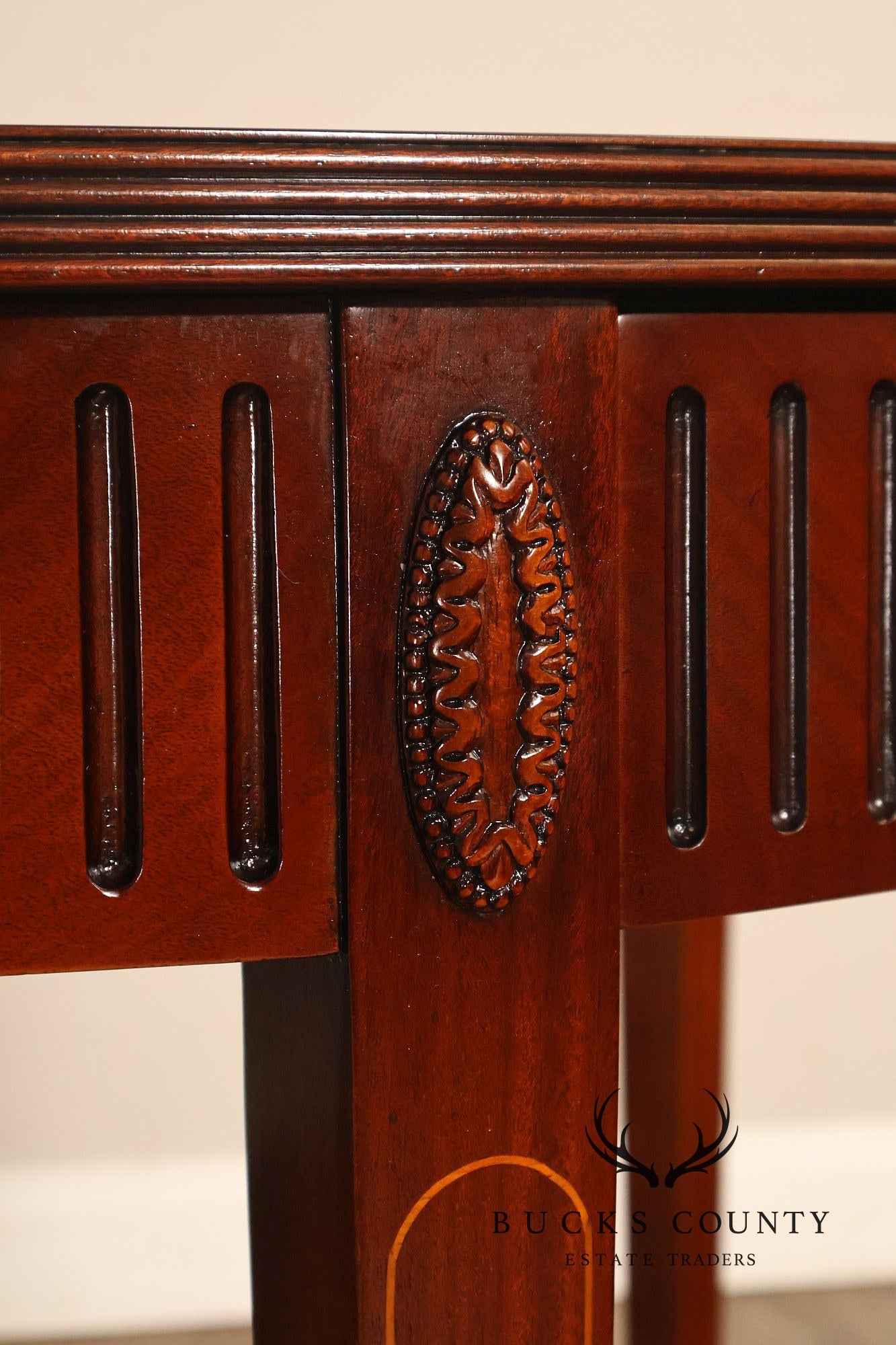 Custom Mahogany Inlaid Demilune Console Table