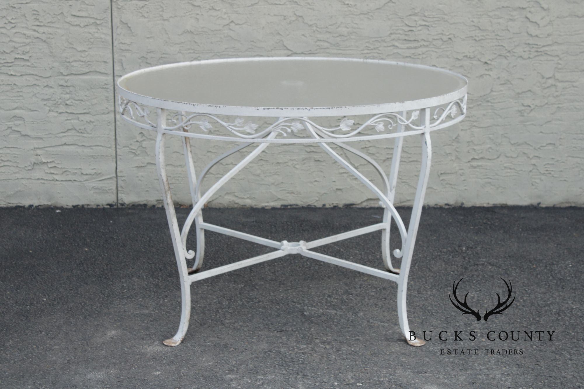 Vintage Round Glass Top Wrought Iron Outdoor Patio Dining Table