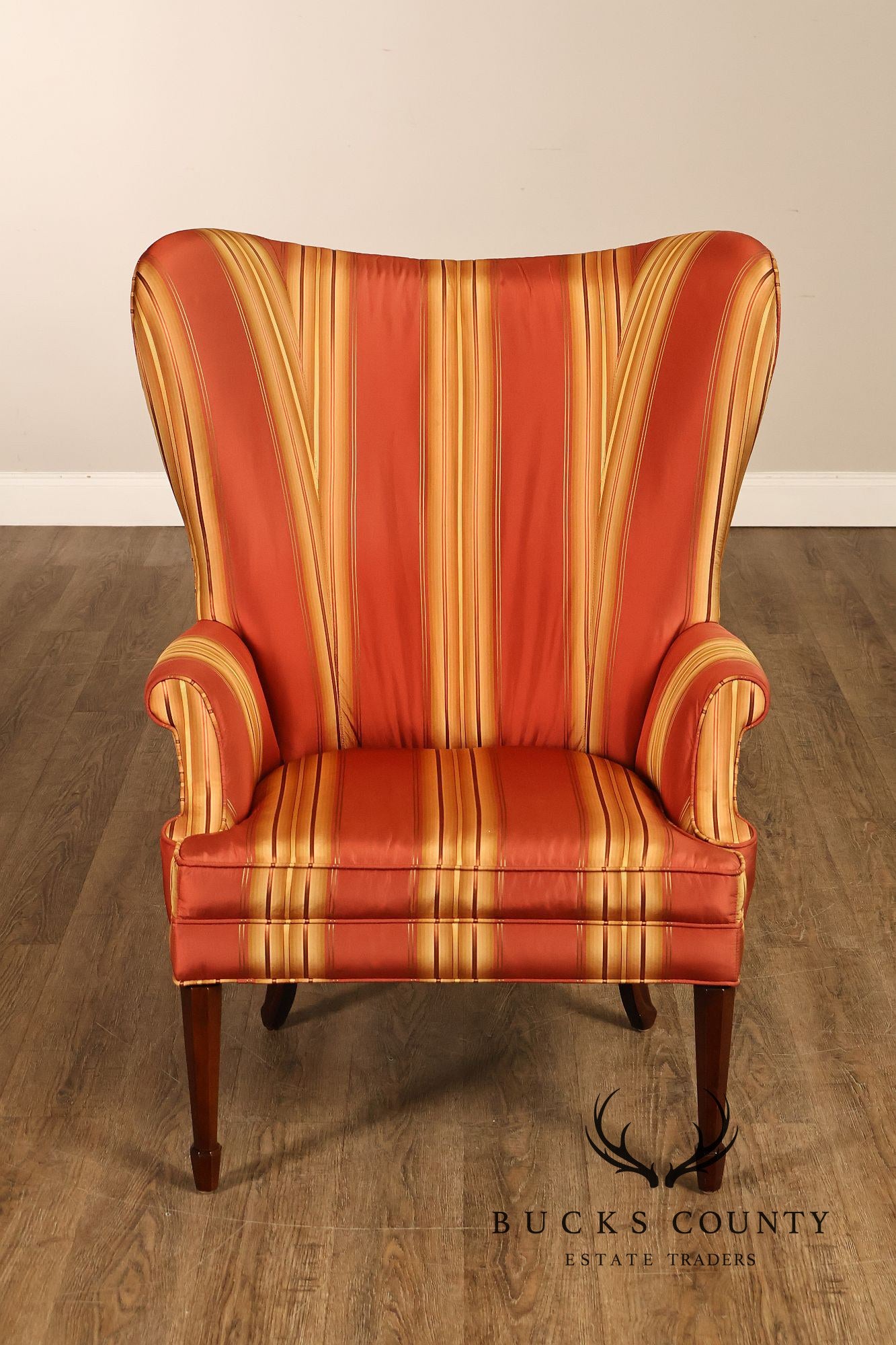 Custom Quality Pair Of Mahogany Fanback Wing Chairs