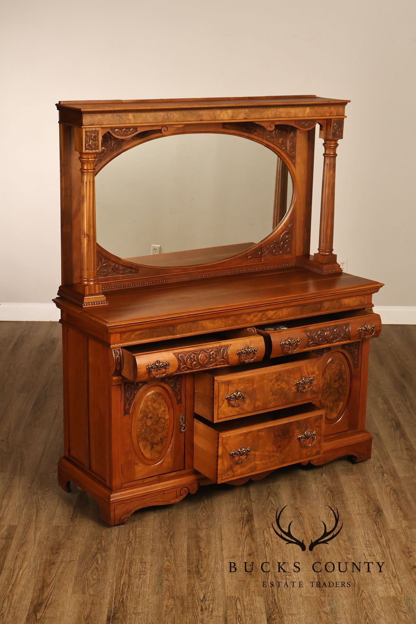 Antique Mirrored Burl Walnut Buffet Sideboard