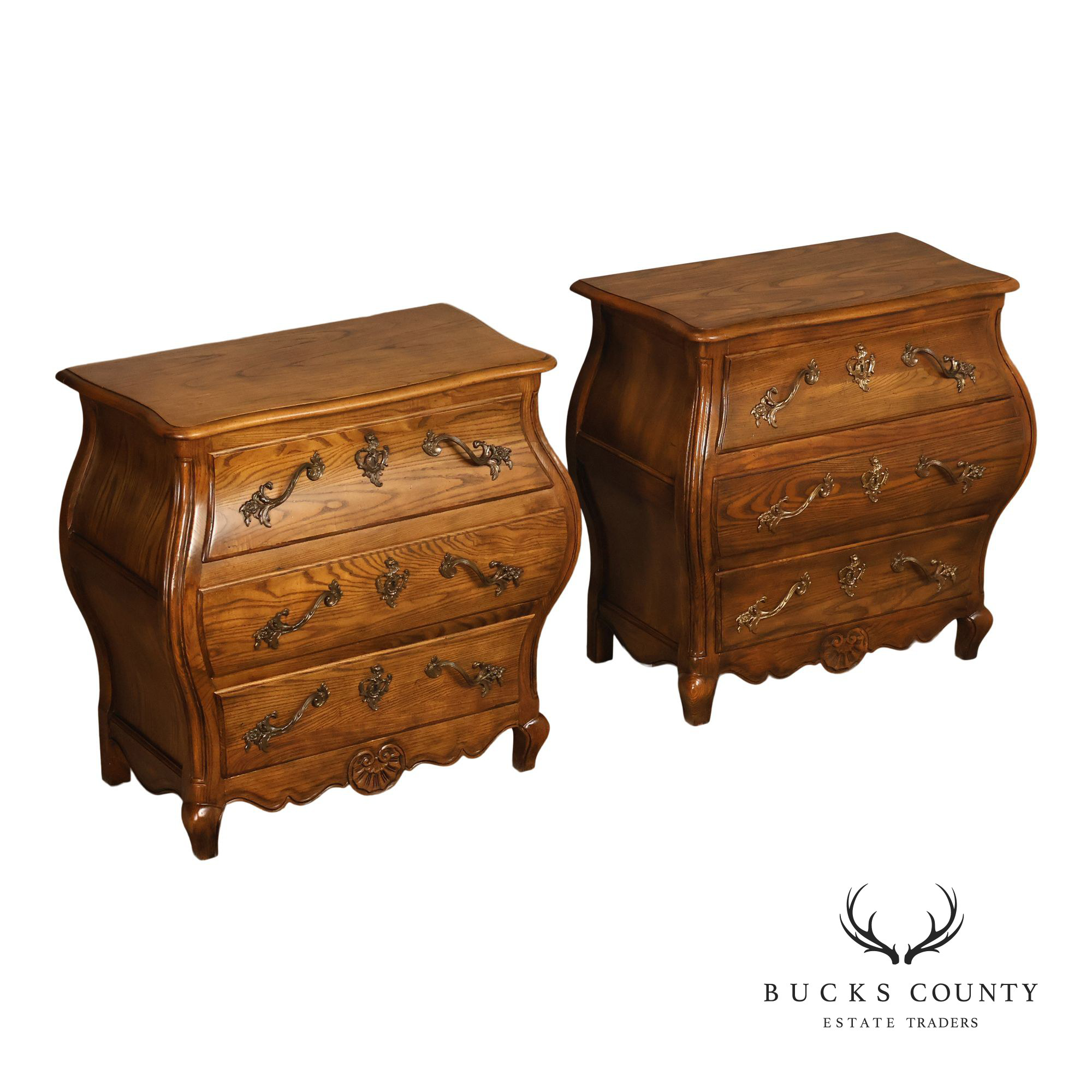 Baker Furniture French Provincial Carved Oak Bombay Chest Nightstands