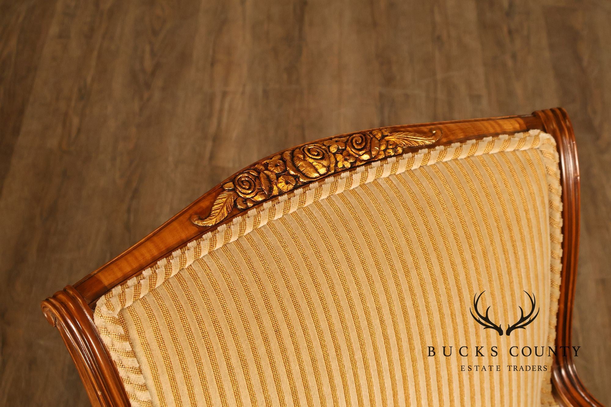 Medea Furniture Pair of Louis XVI Style Carved Bergere Armchairs With Gold Striped Velvet Upholstery