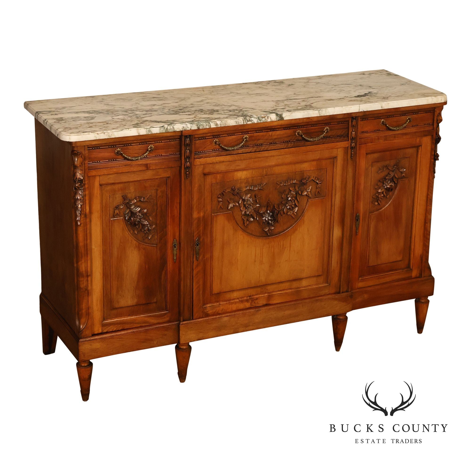 Antique French Louis XVI Style Carved Walnut Marble Top Buffet Sideboard