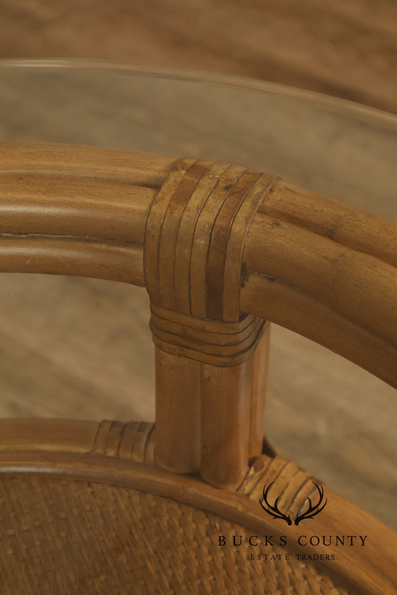 Boho Chic Pair of Round Glass Top Bamboo End Tables