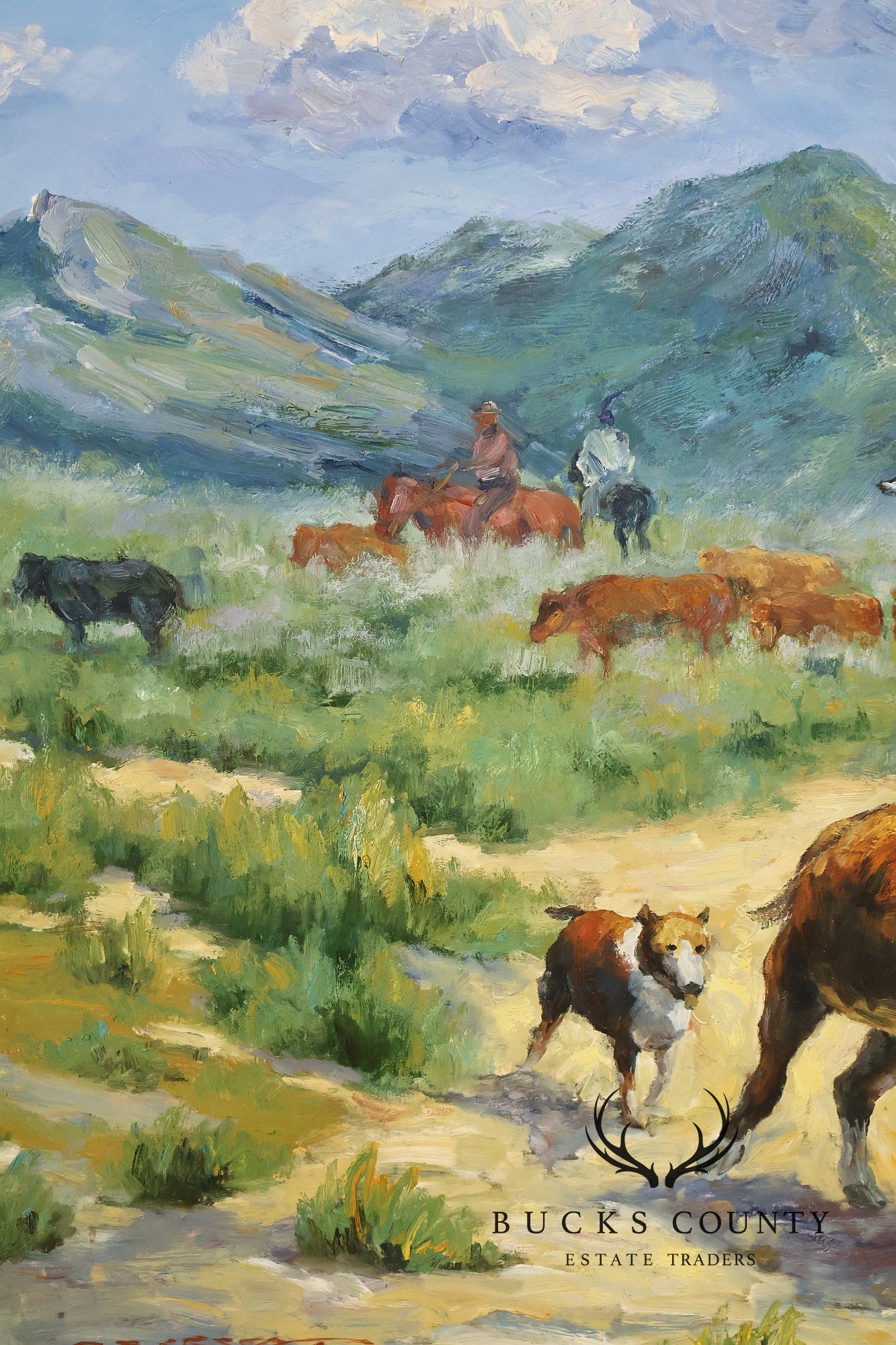 Western Cowboy on Horse Oil Painting on Canvas 55" x 43" Signed 'S. T. Cesent' in Gold Gilt Frame