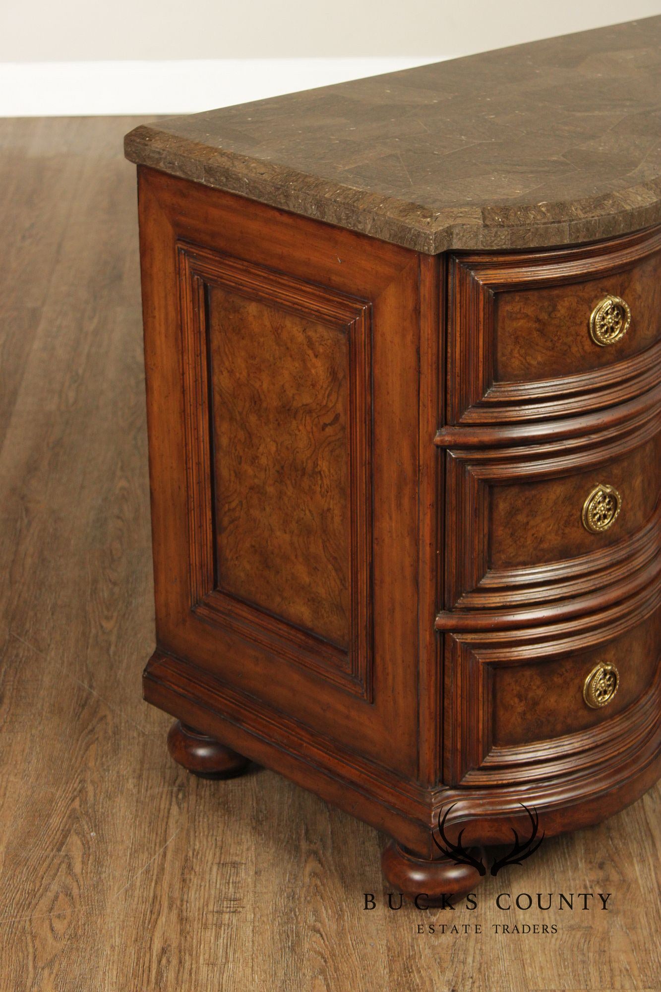 Maitland-Smith Pair of Baroque Style Tessellated Marble Top Burlwood Chests
