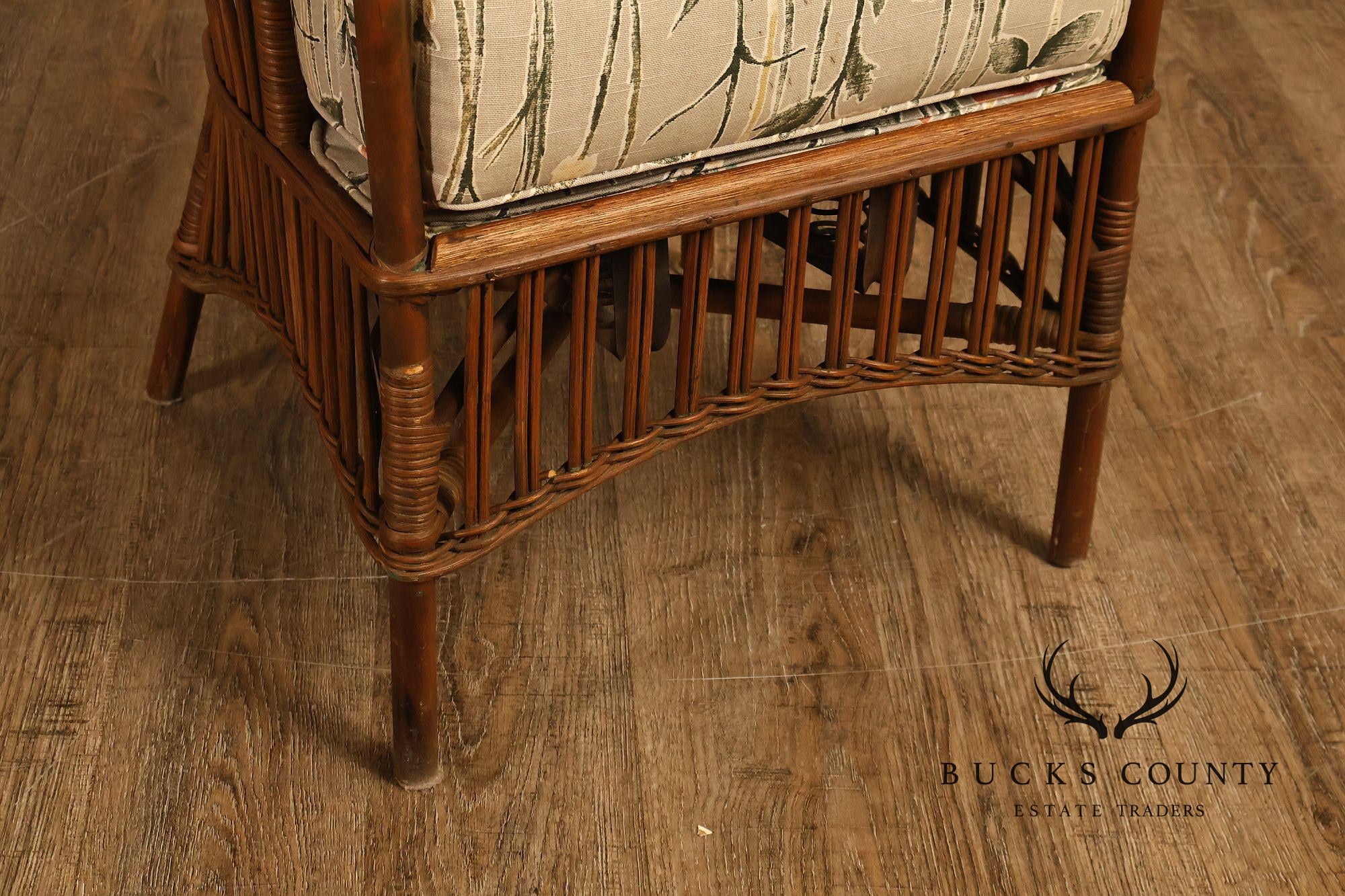 Antique Set Of Four Split Reed Rattan Armchairs With Floral Cushions