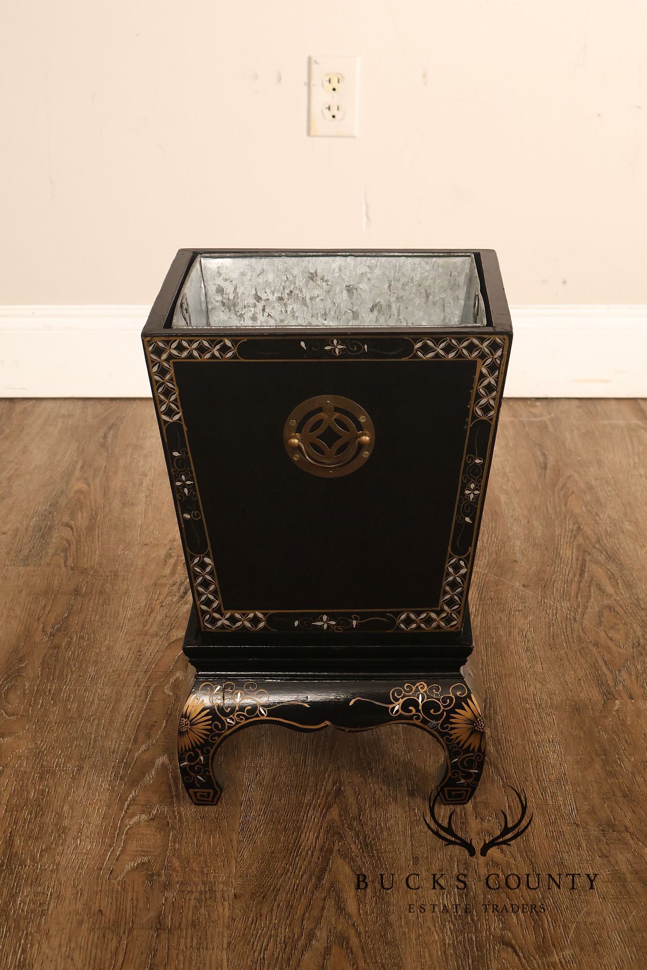 Chinese Black Lacquer Mother Of Pearl Inlaid Figural Planter On Matching Stand