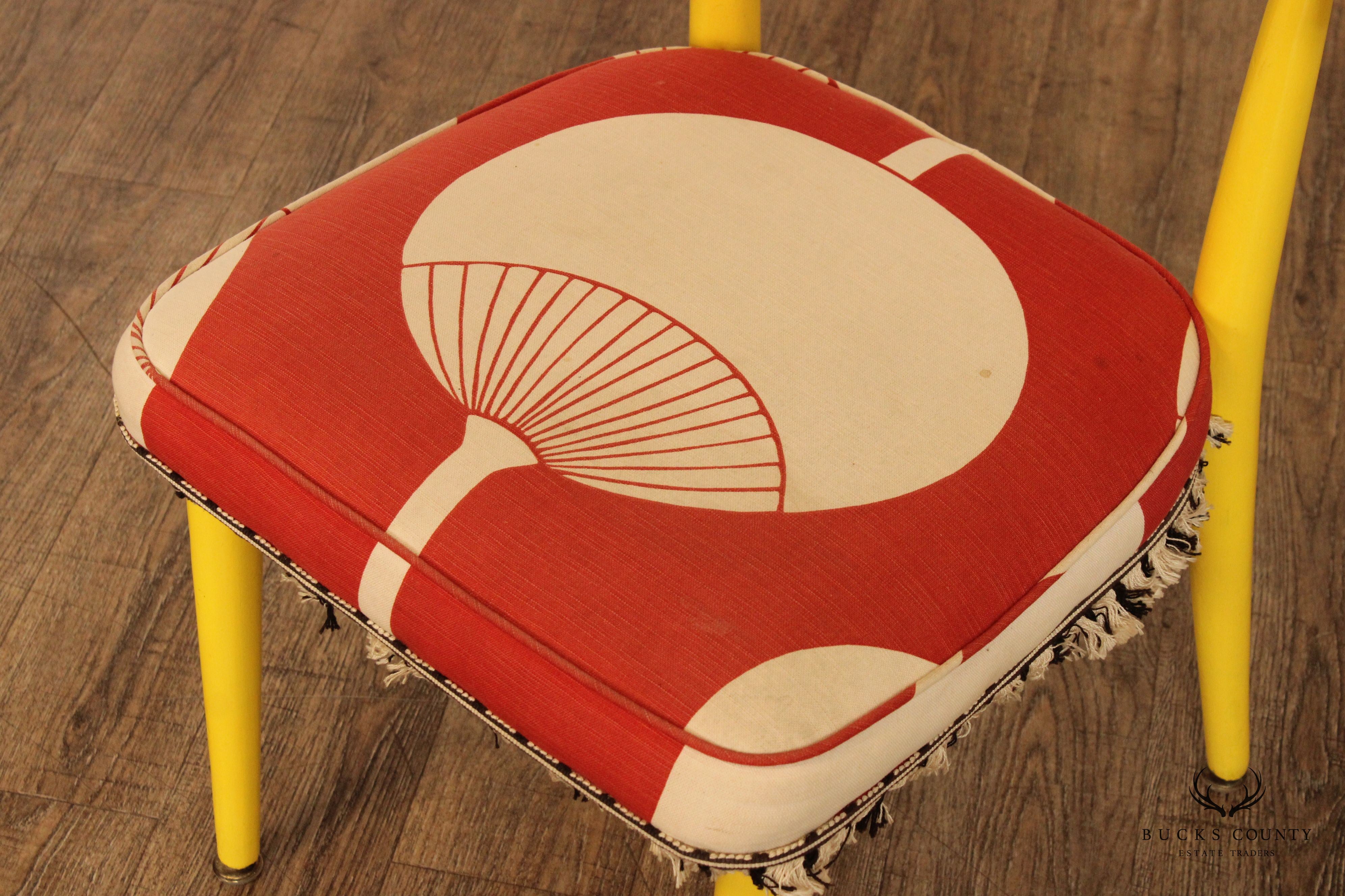 Vintage Mid Century Modern Pair Of Yellow Barrel Back Dining Chairs With Graphic Upholstery