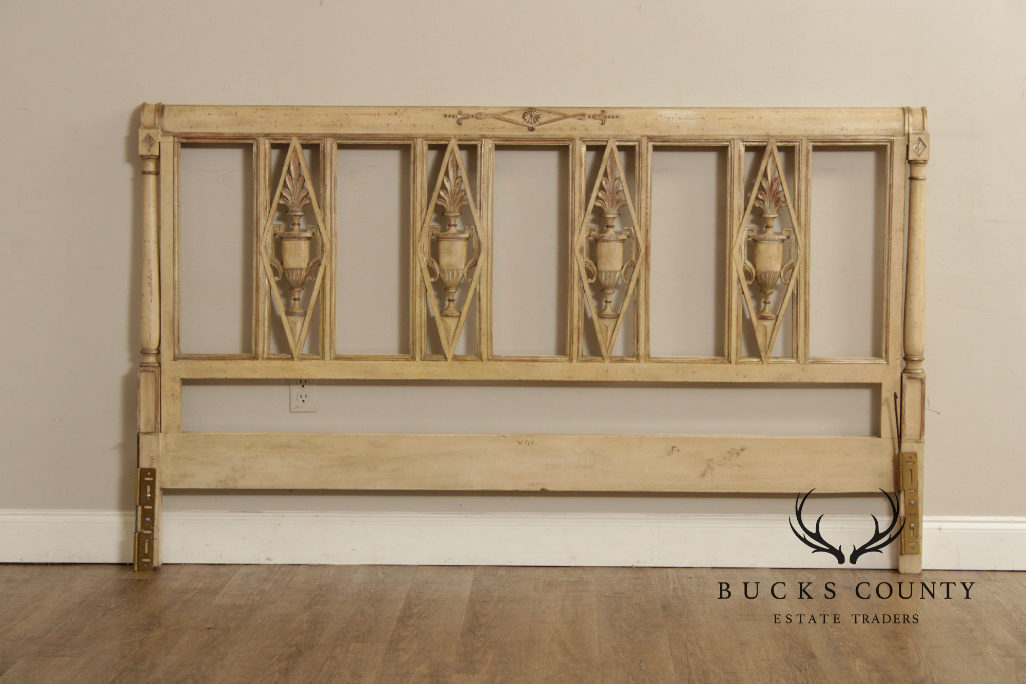 French Neoclassical Directoire Style Distress Painted King Headboard