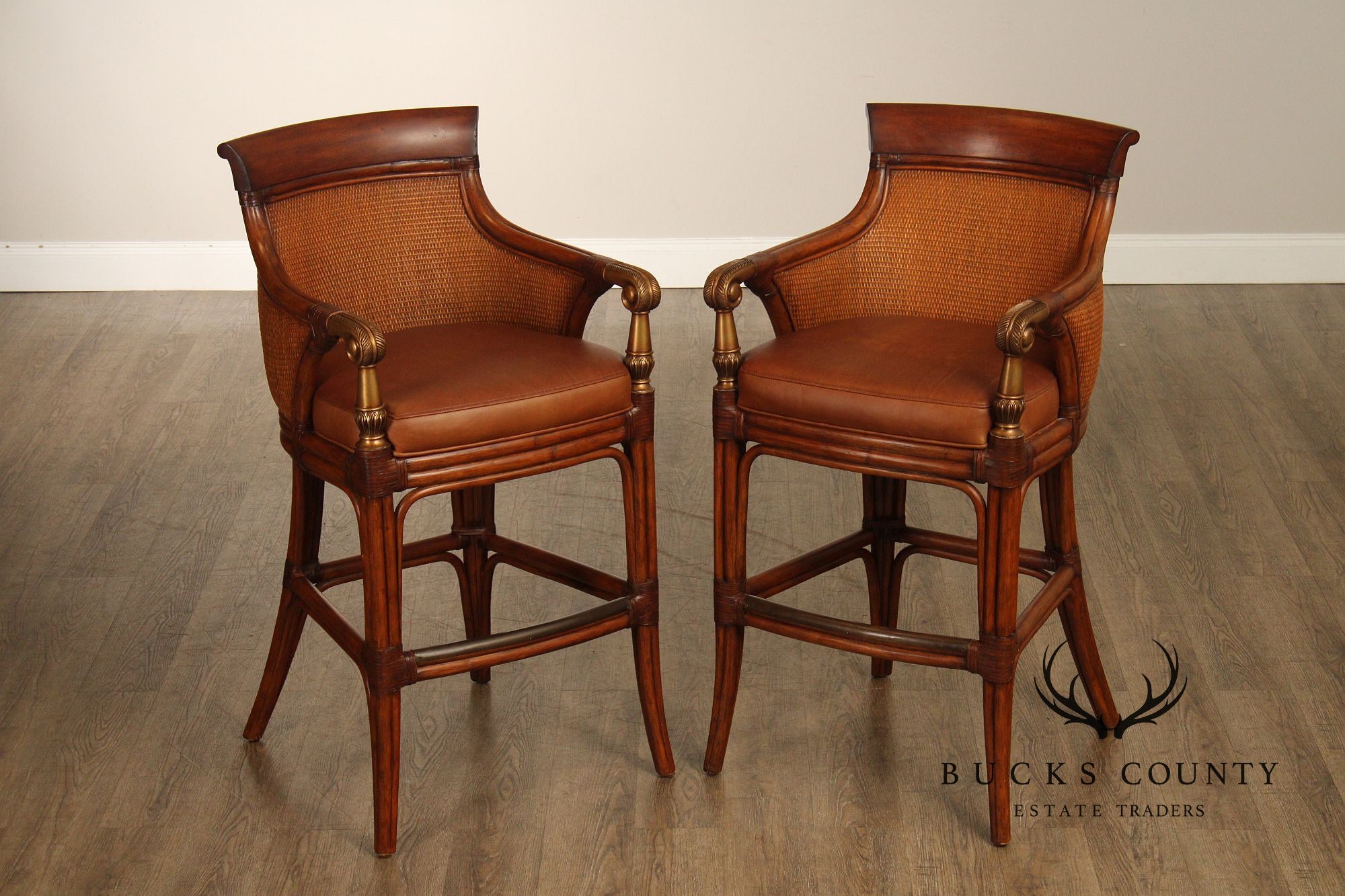 Pair Of Ethan Allen Leather And Rattan Bar Stools