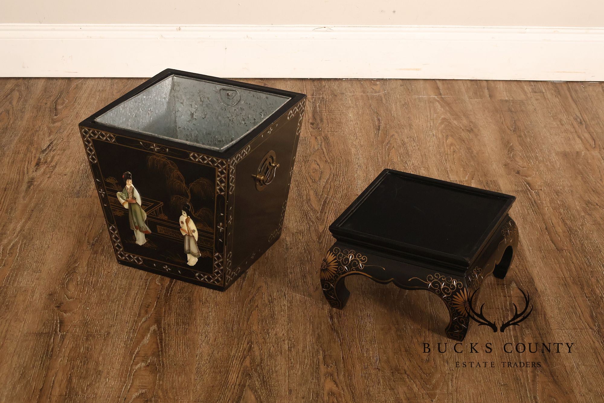 Chinese Black Lacquer Mother Of Pearl Inlaid Figural Planter On Matching Stand
