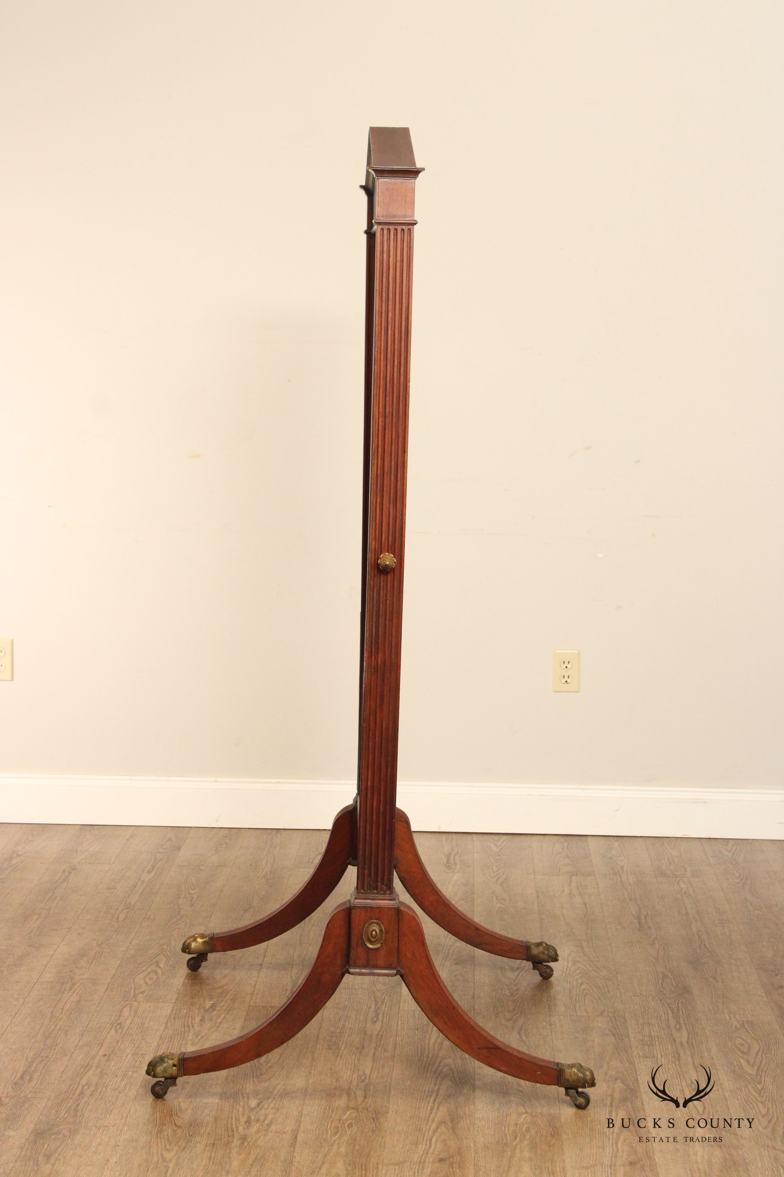 Antique 19th Century Empire Style Mahogany Cheval Mirror On Brass Paw Feet