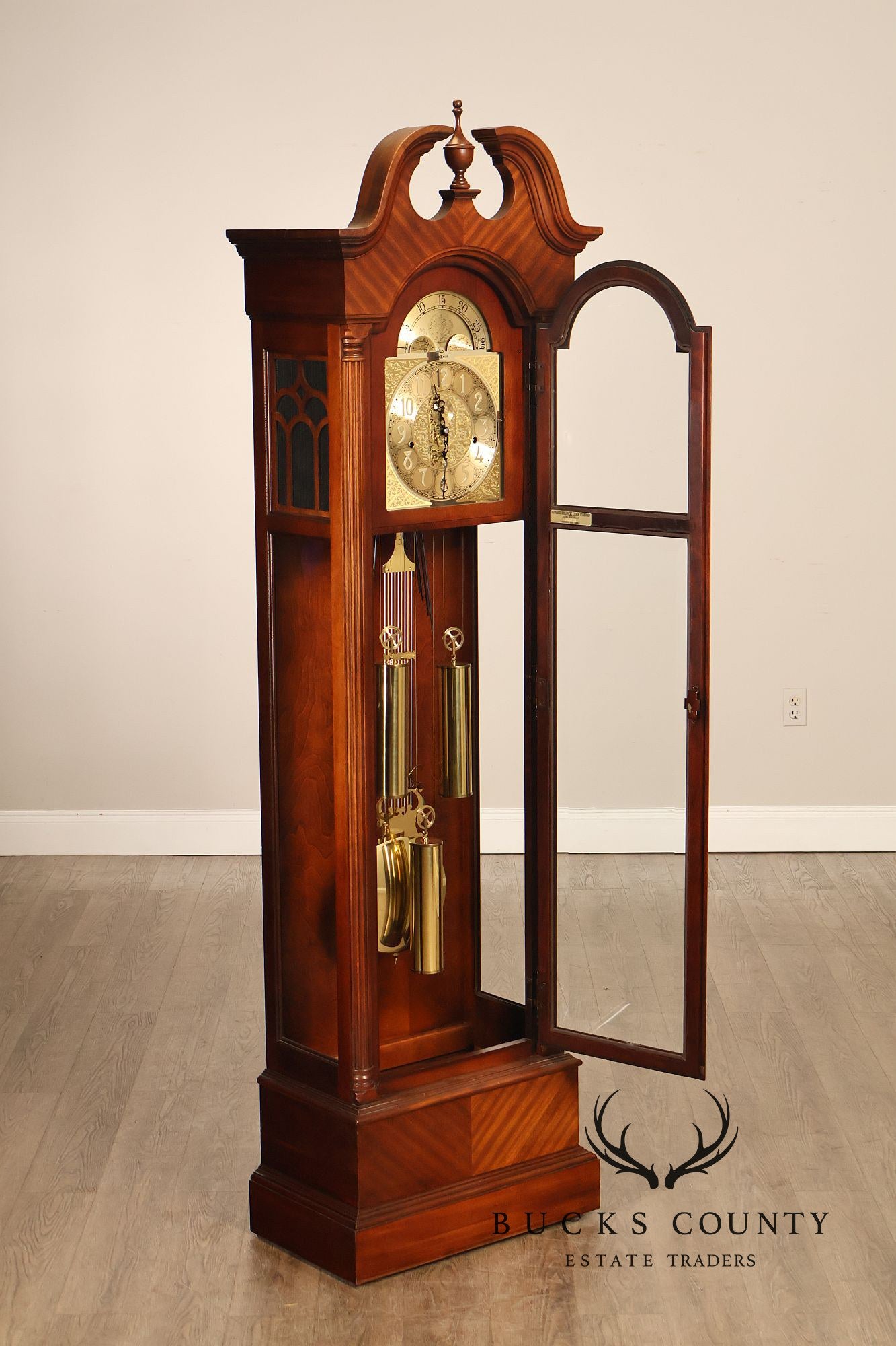 Howard Miller Mahogany Grandfather Clock With Brass Dial And Weights