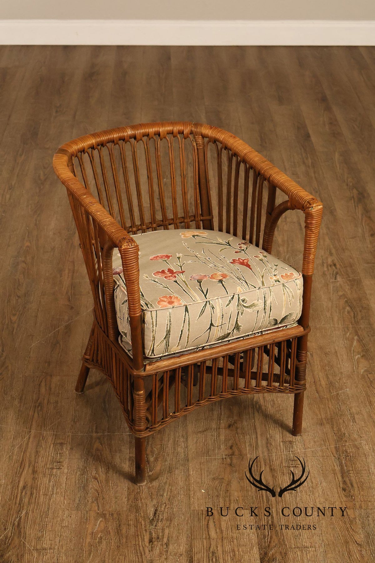 Antique Set Of Four Split Reed Rattan Armchairs With Floral Cushions