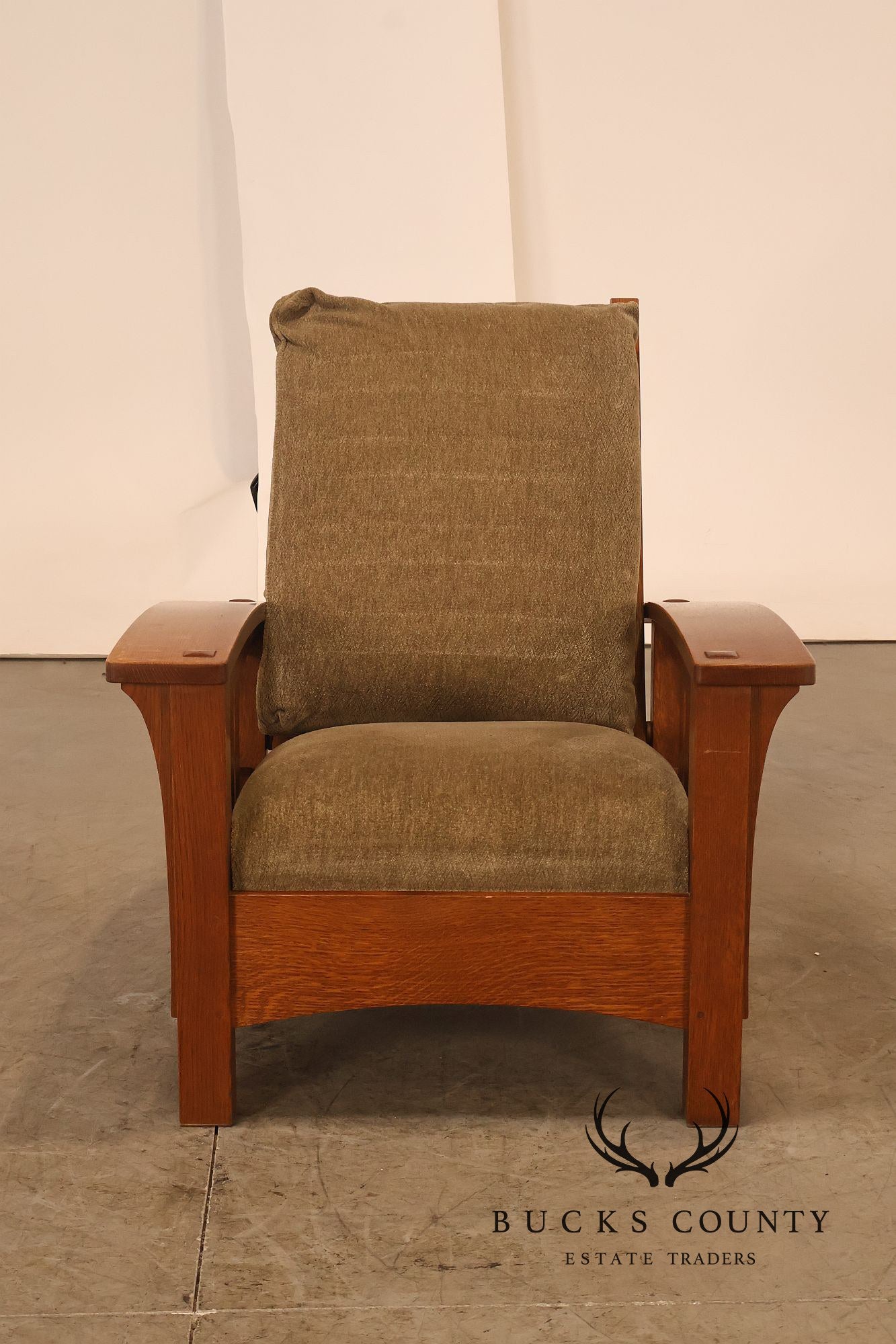 Stickley Mission Collection Oak And Custom Upholstery Bow Arm Morris Chair