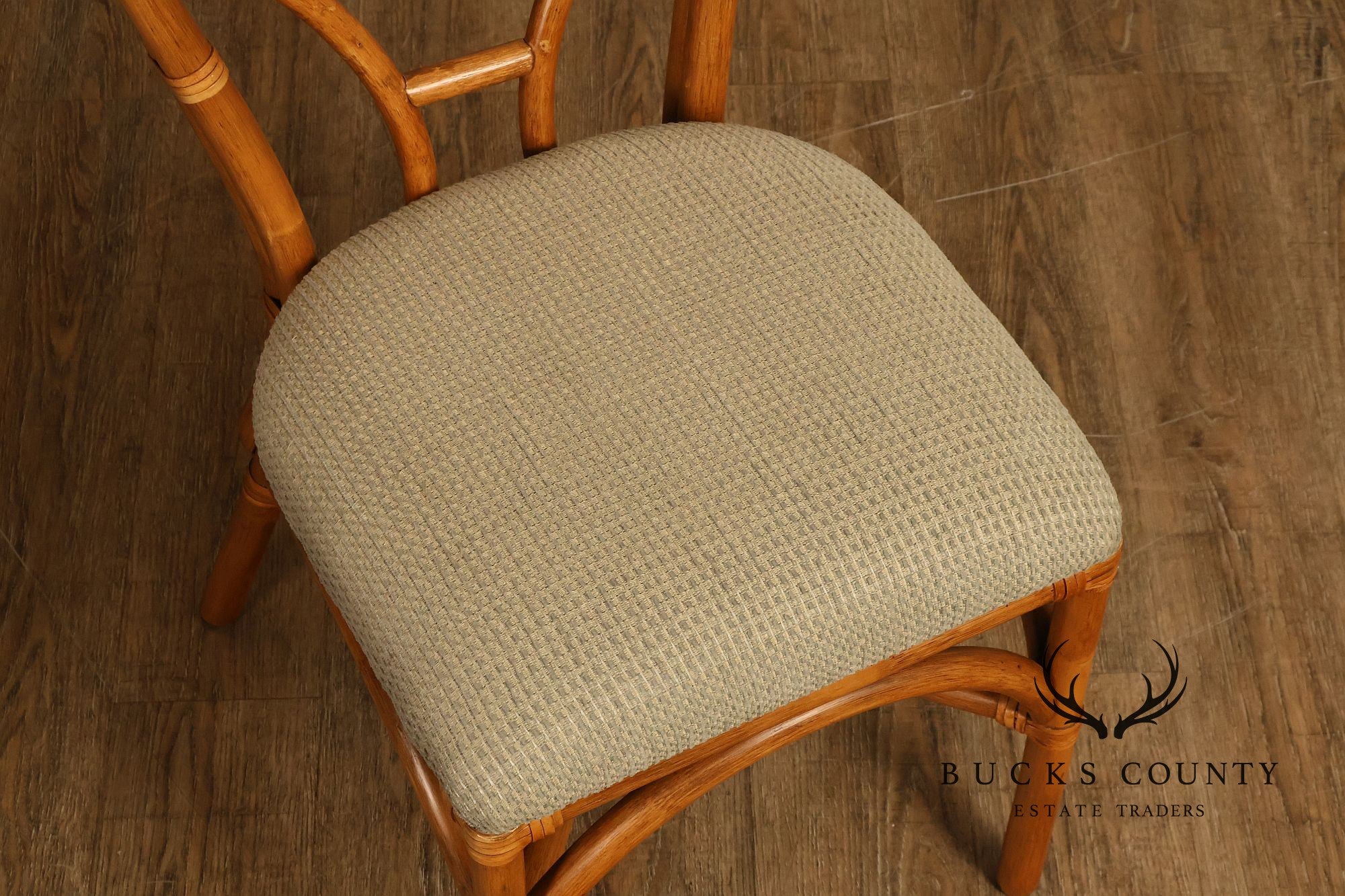 Coastal Style Pair Of Rattan Dining Chairs With Upholstered Seats