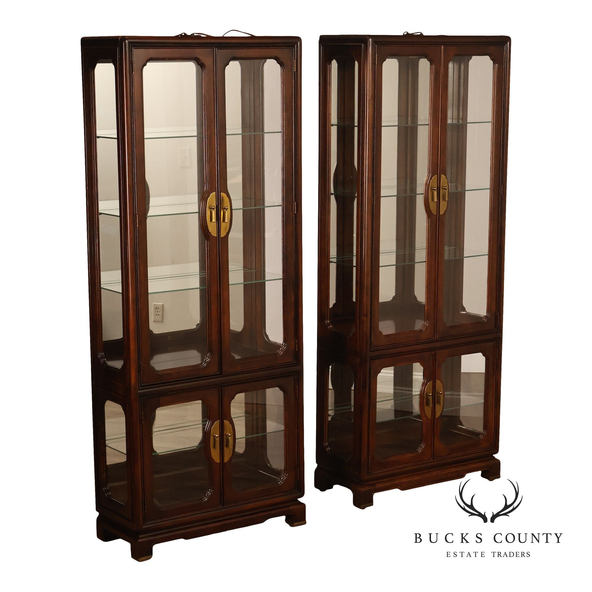 Hollywood Regency Asian Influenced Pair Of Lighted Curio Display Cabinets