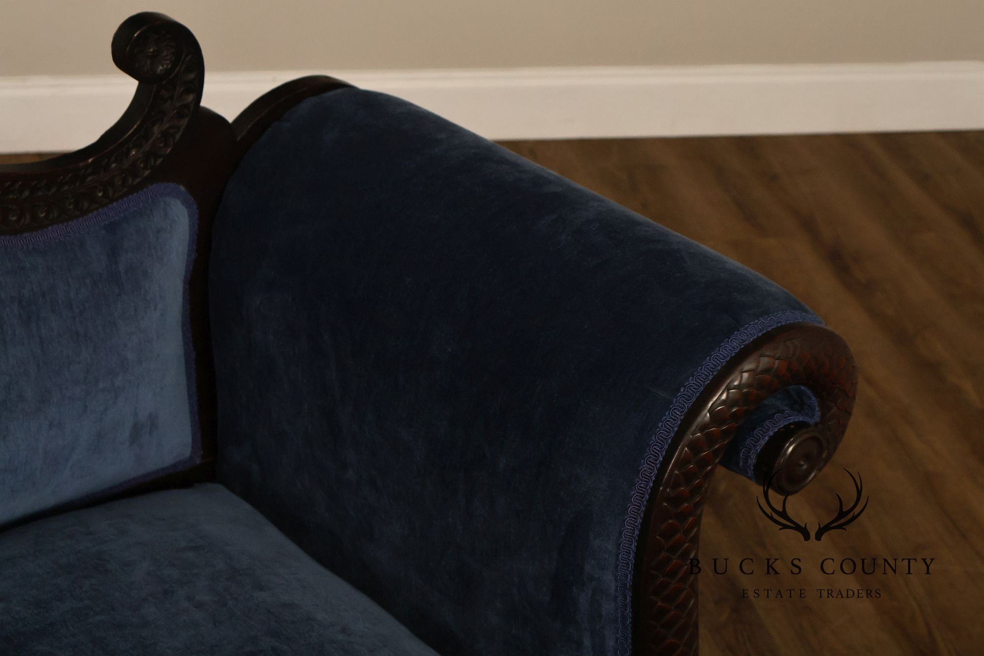 Antique American Empire Mahogany Carved Swan Arm Sofa With Blue Upholstery