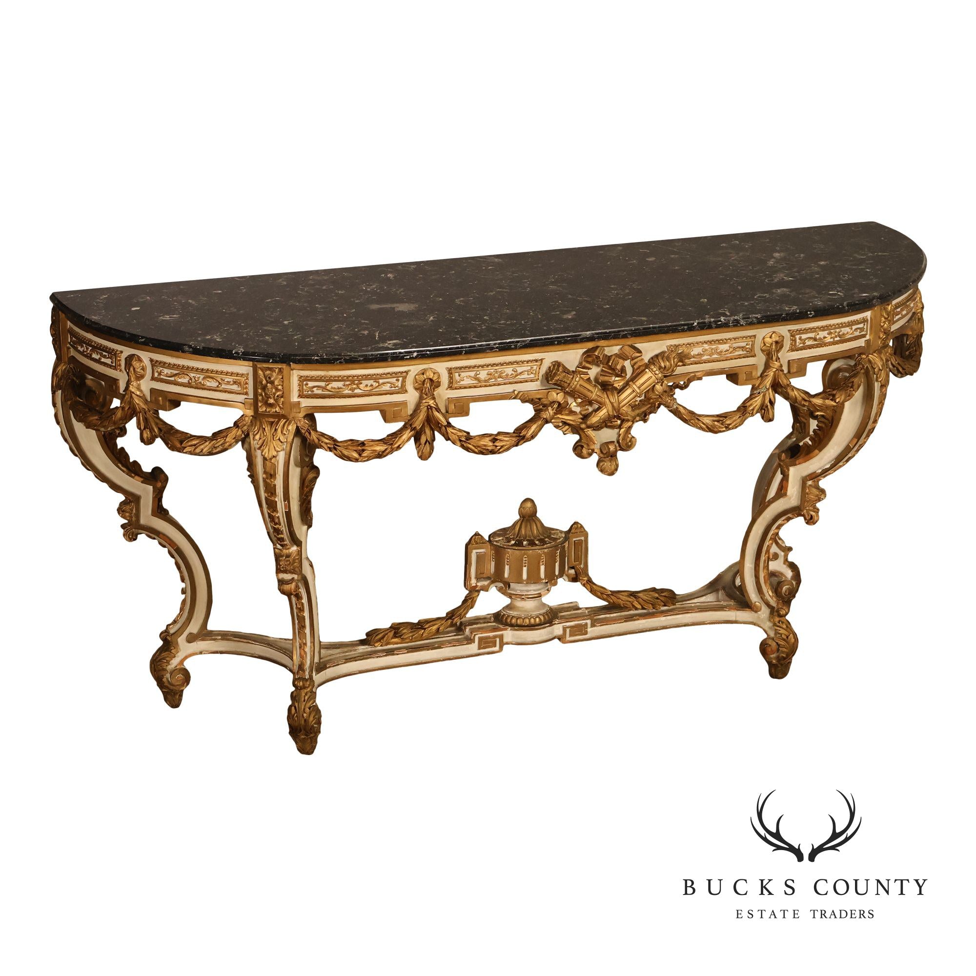 Louis XV Style Giltwood And Painted Demilune Marble Top Console Table