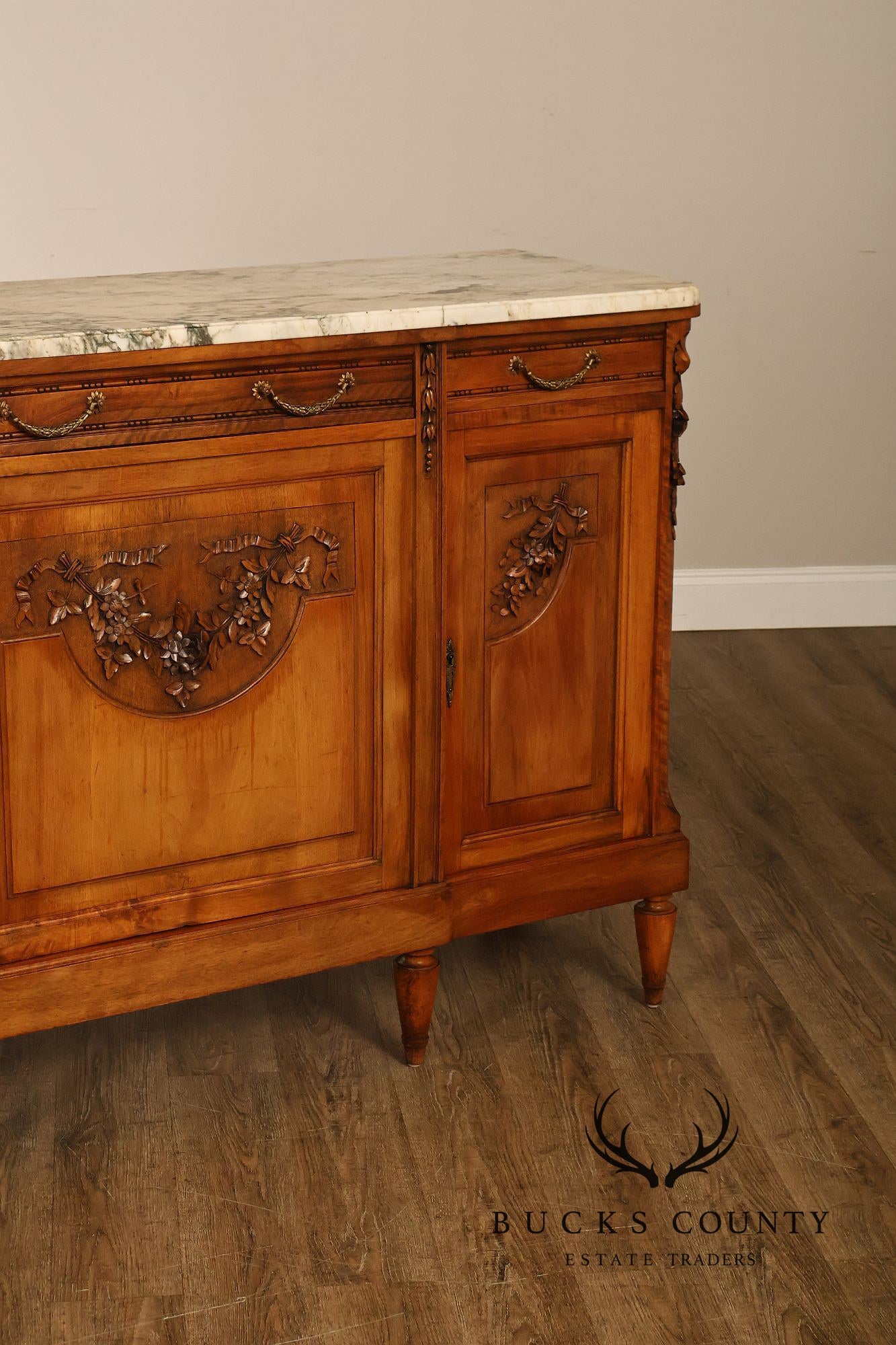 Antique French Louis XVI Style Carved Walnut Marble Top Buffet Sideboard