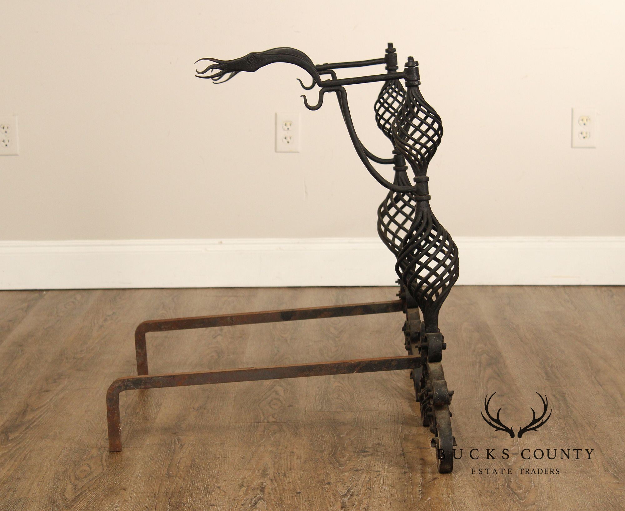 Arts & Crafts Pair of Scrolling Wrought Iron Andirons