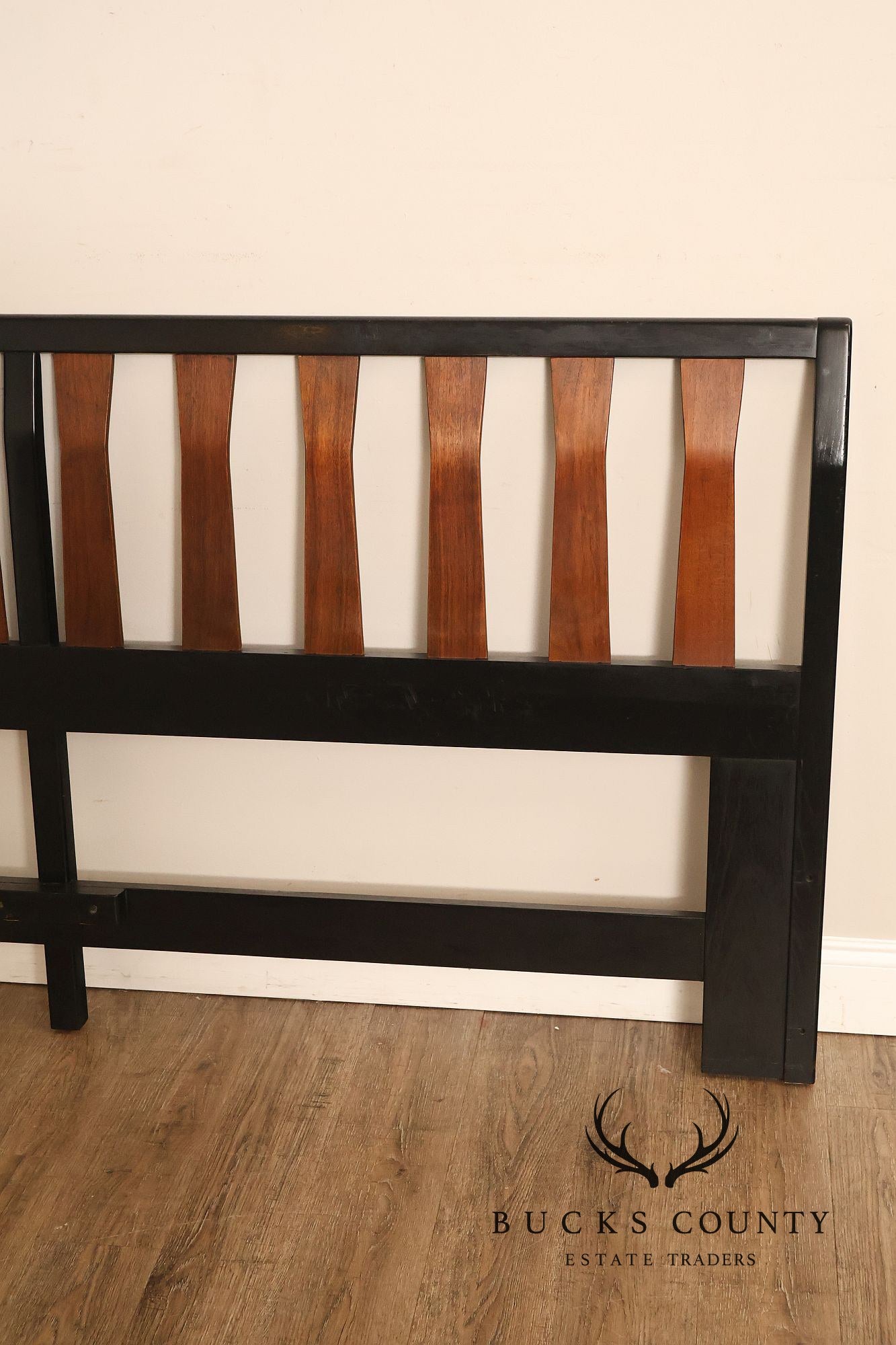Mid Century Modern King Size Headboard with Ebony Frame and Walnut Bentwood Slats