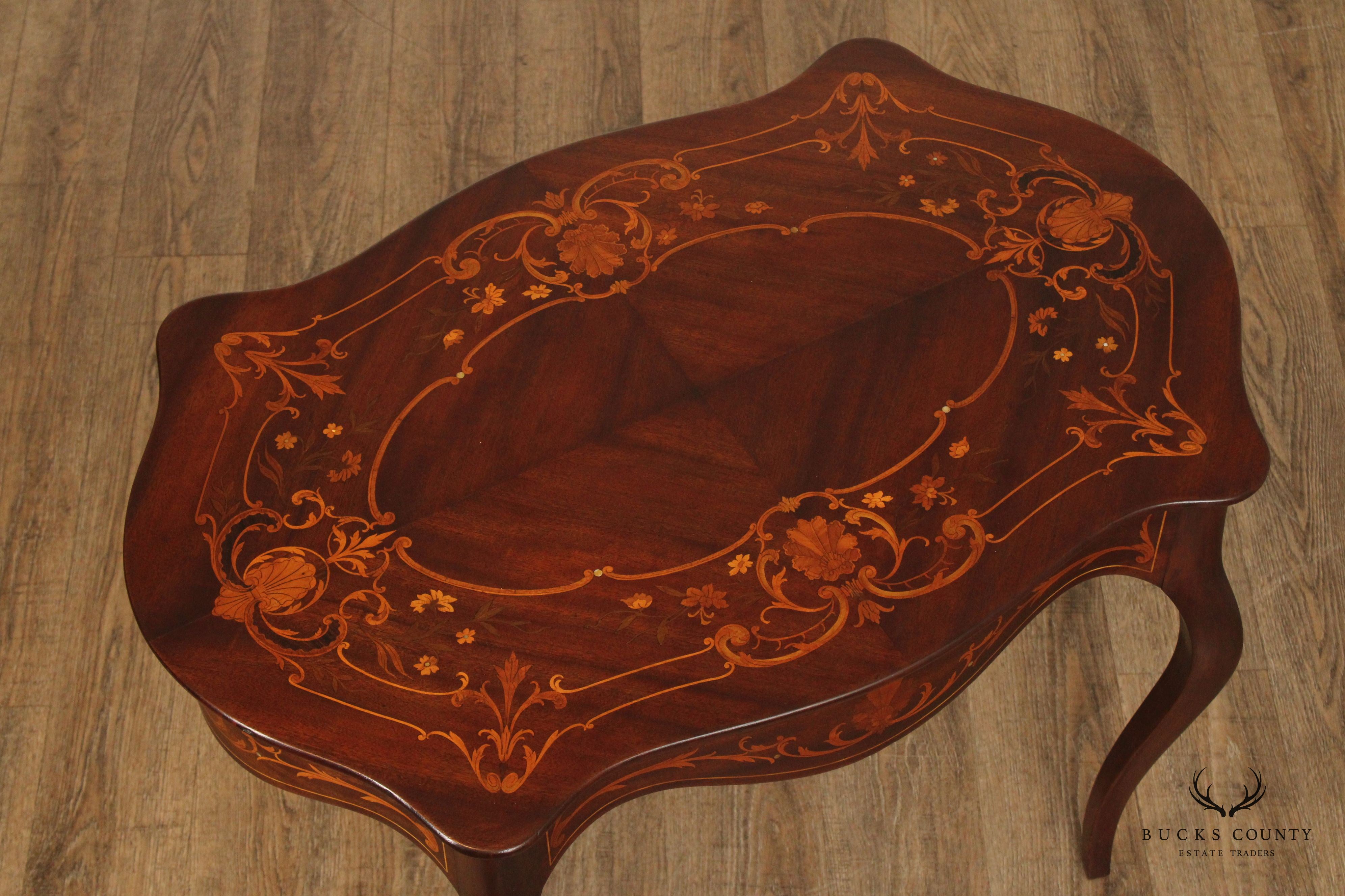 Antique Inlaid Mahogany Center Table With Floral Marquetry And Mother Of Pearl Accents