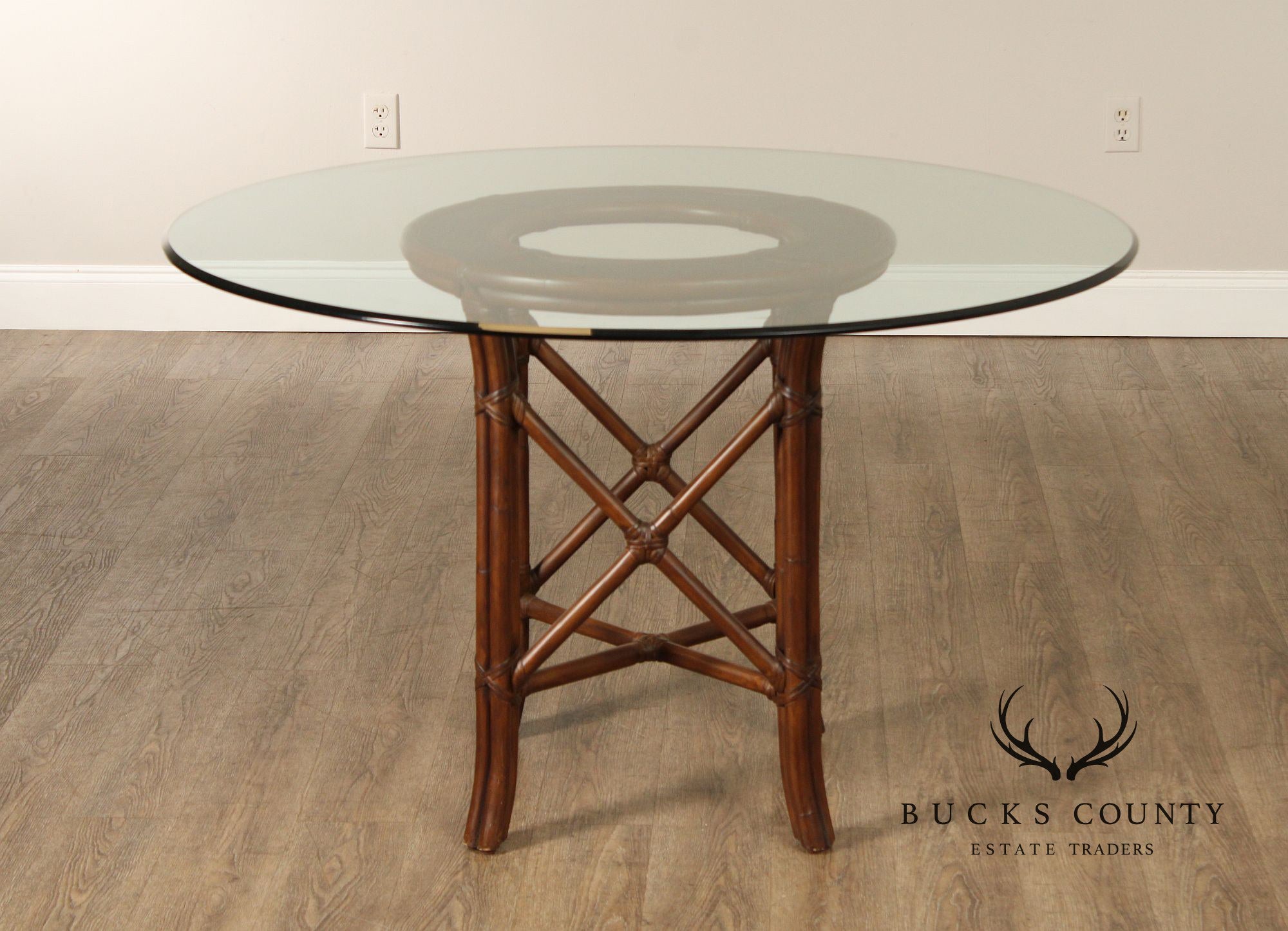 Hollywood Regency Round Glass Top Rattan Dining Table