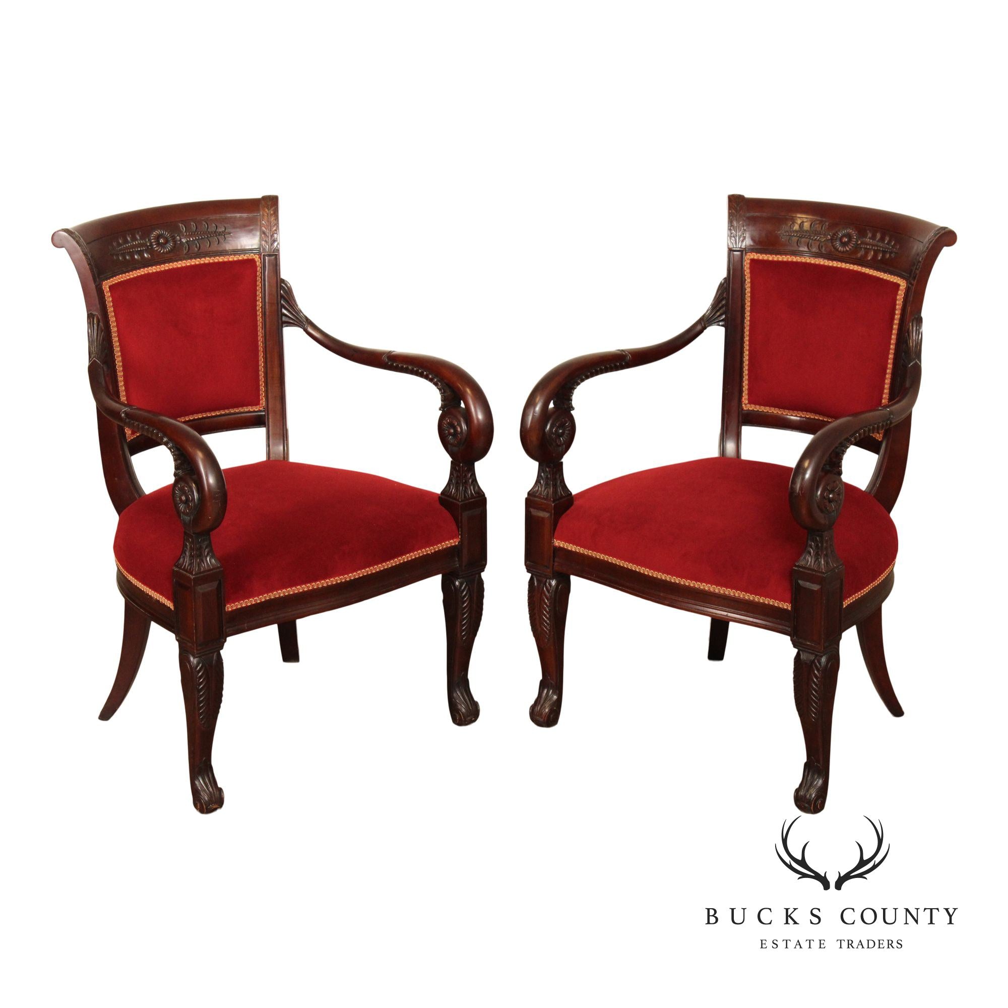 French Empire Style Pair of Mahogany Armchairs