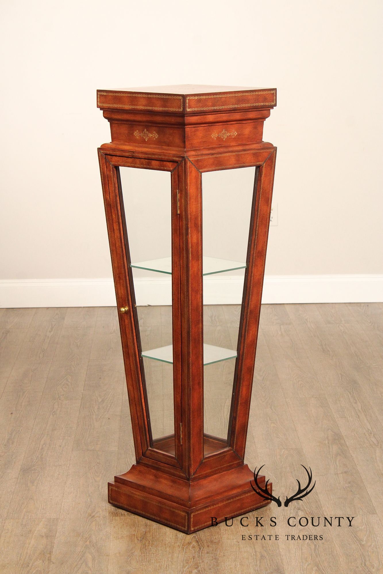 Maitland Smith Leather Wrapped Pedestal Display Cabinet