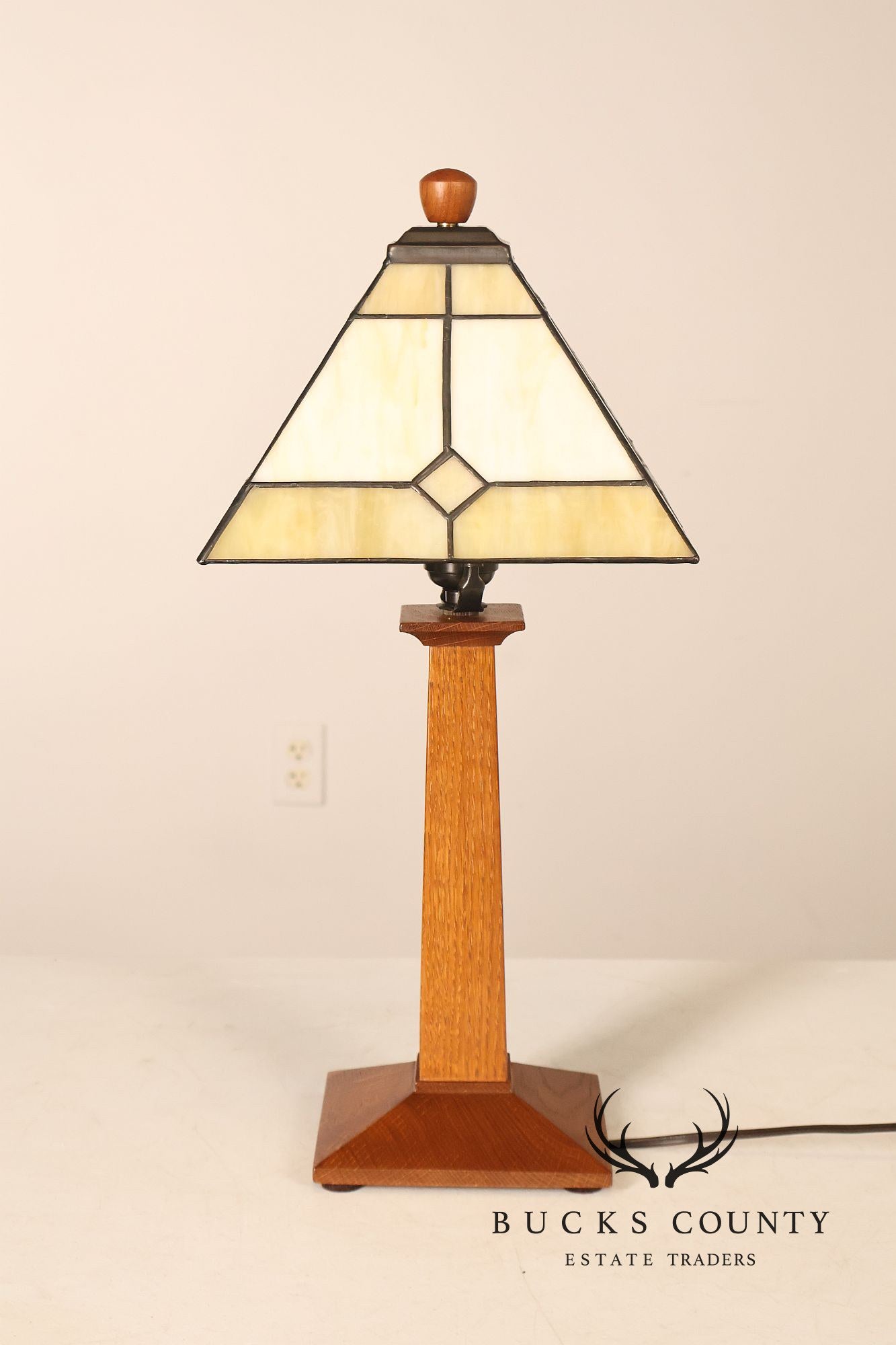 Stickley Mission Collection Oak Table Lamp with Art Glass Shade