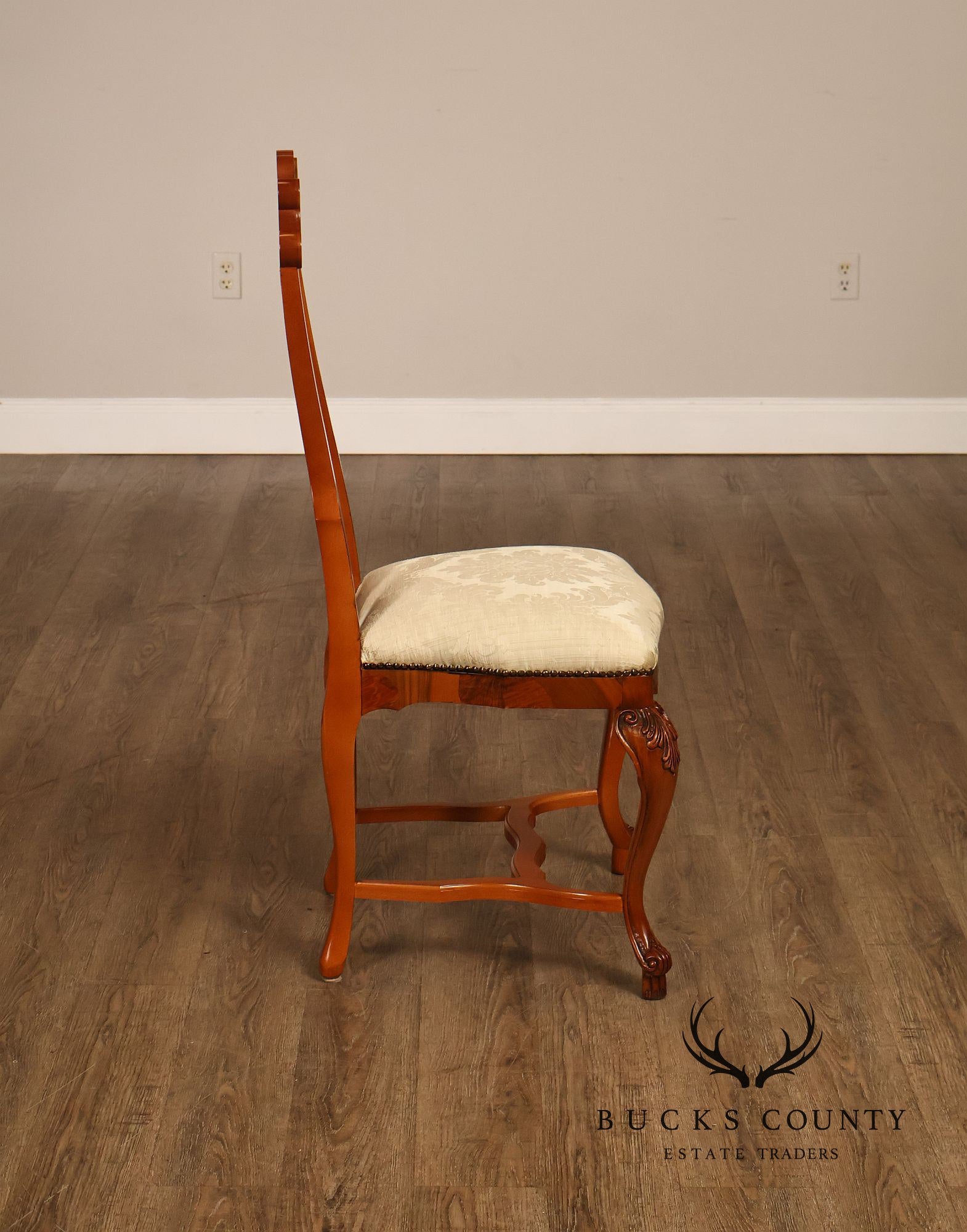 Italian Baroque Style Set of Eight Inlaid Olive Wood Dining Chairs