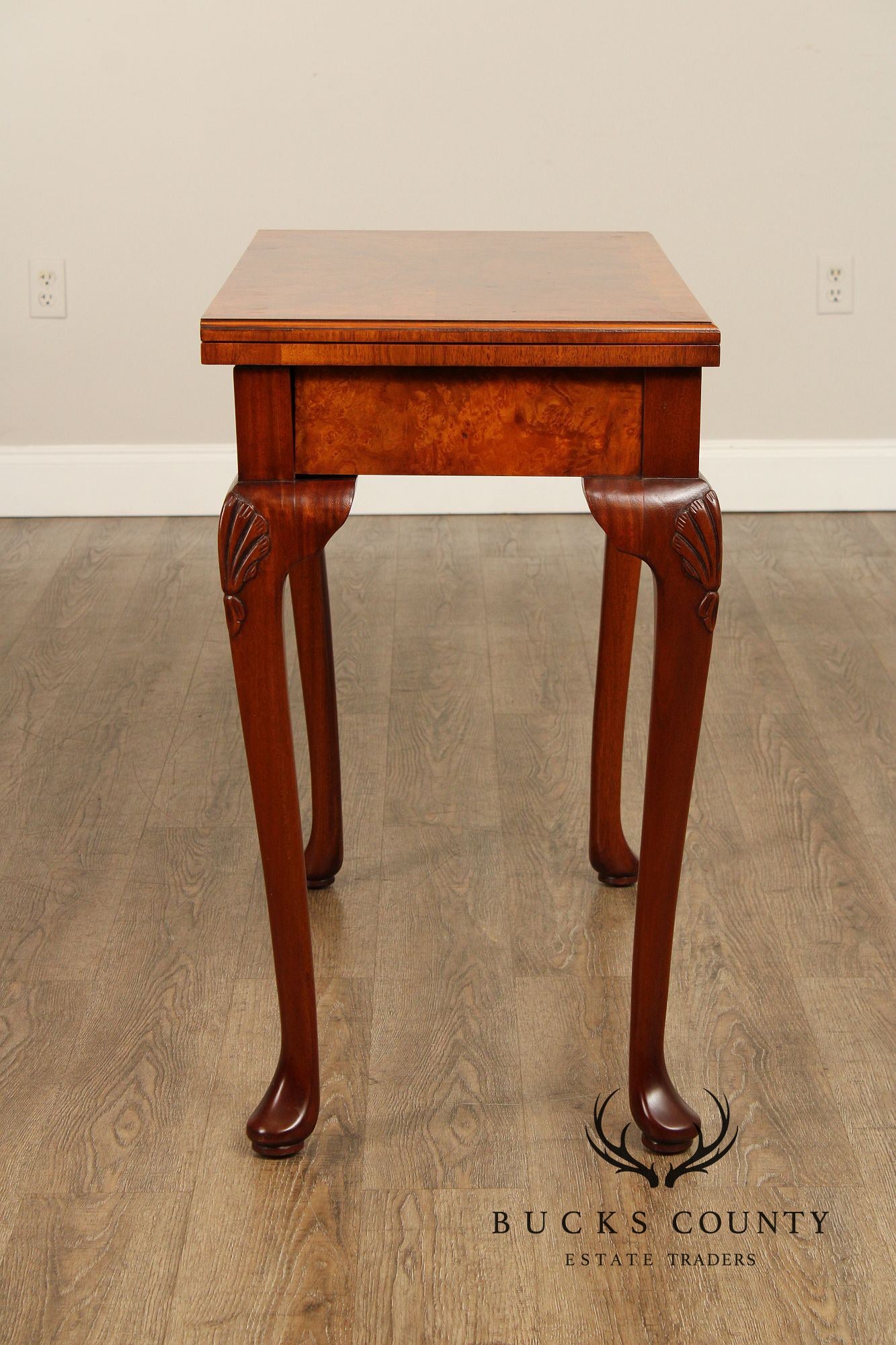 Queen Anne Style Burl Wood Leather Top Folding Games Table