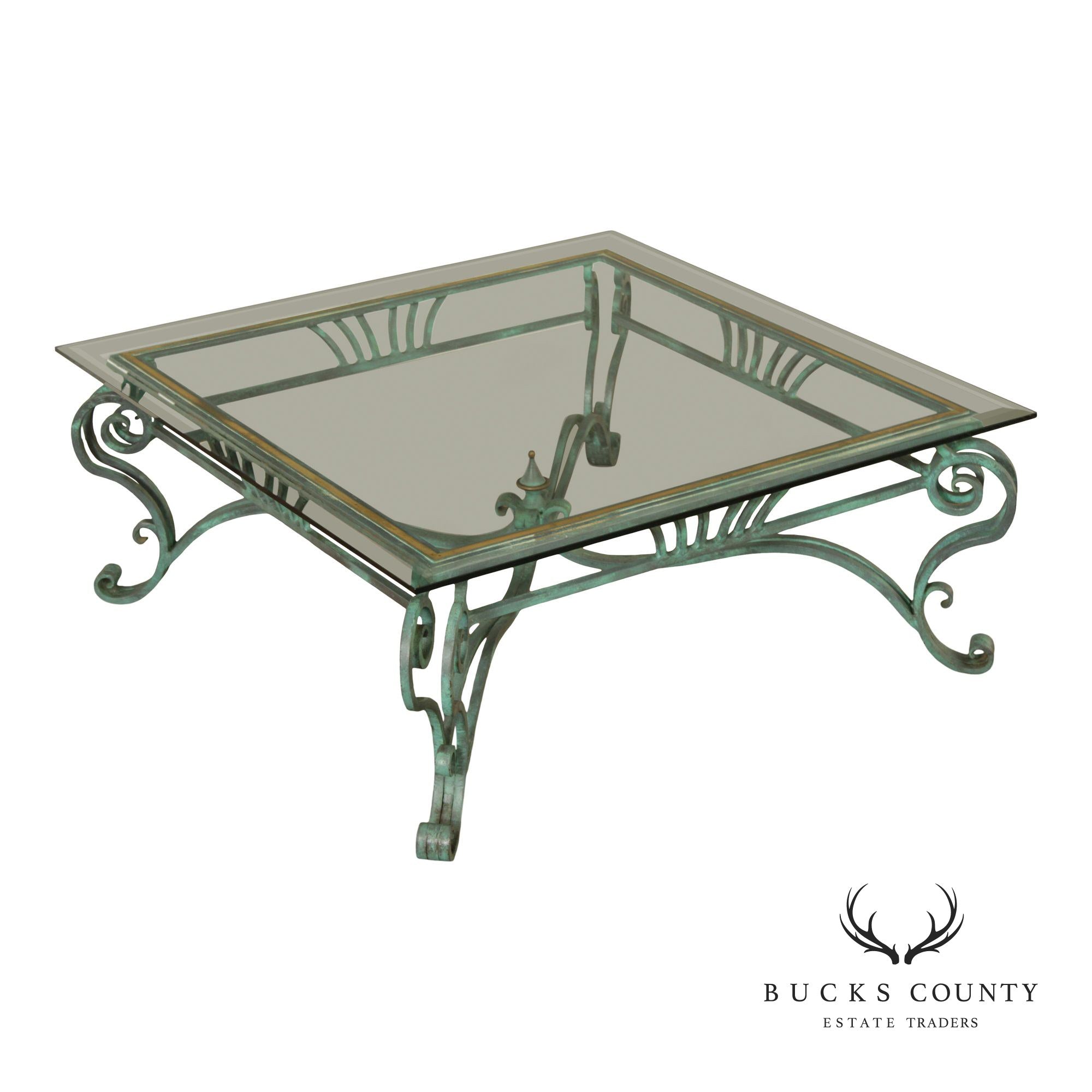 Baroque Style Glass Top Wrought Iron Coffee Table