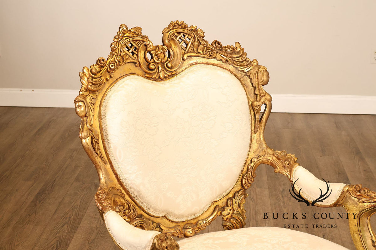 Italian Rococo Style Pair Of Carved Giltwood Upholstered Armchairs