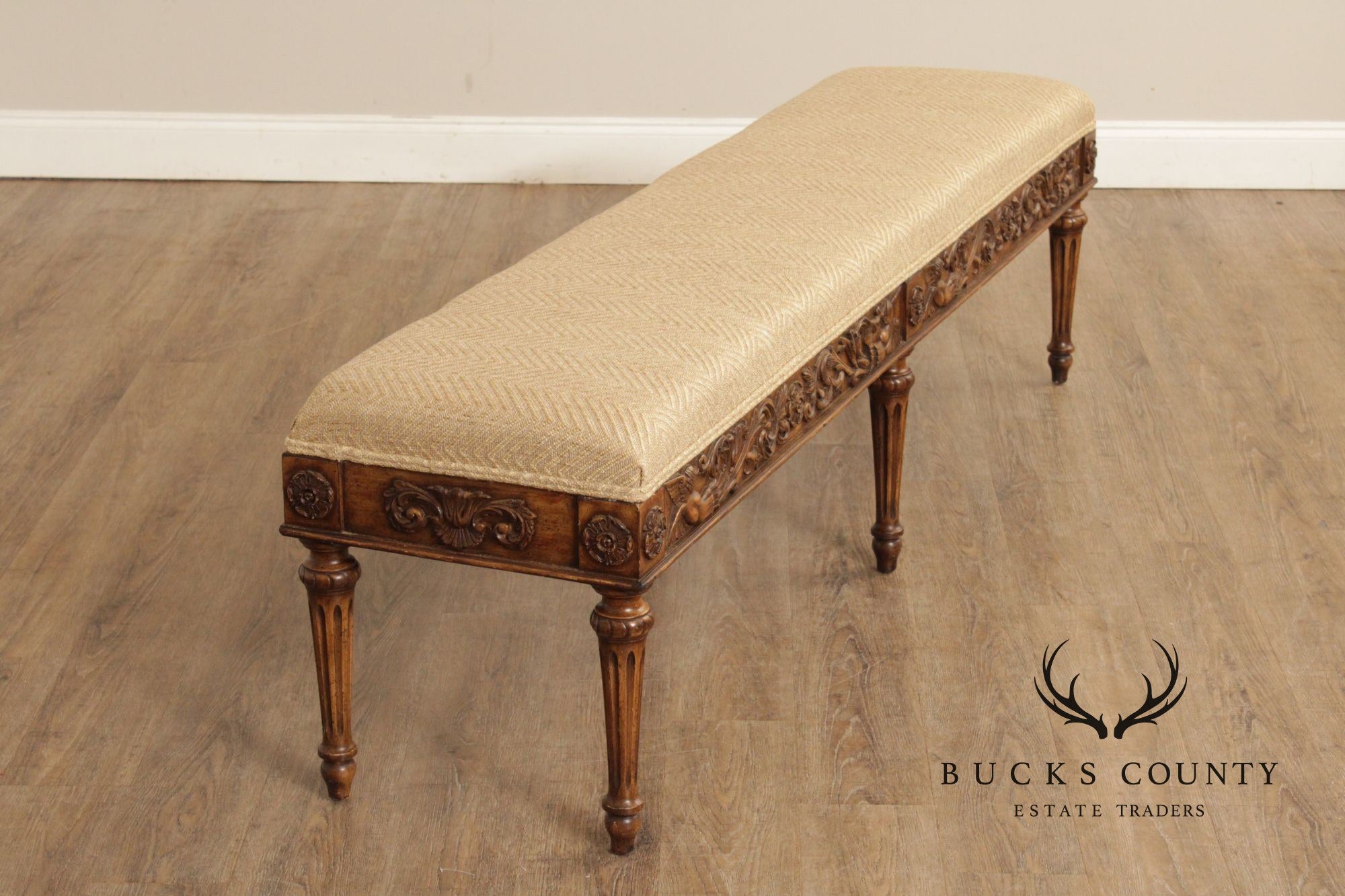 French Louis XVI Style Carved Frame Six Leg Window Bench