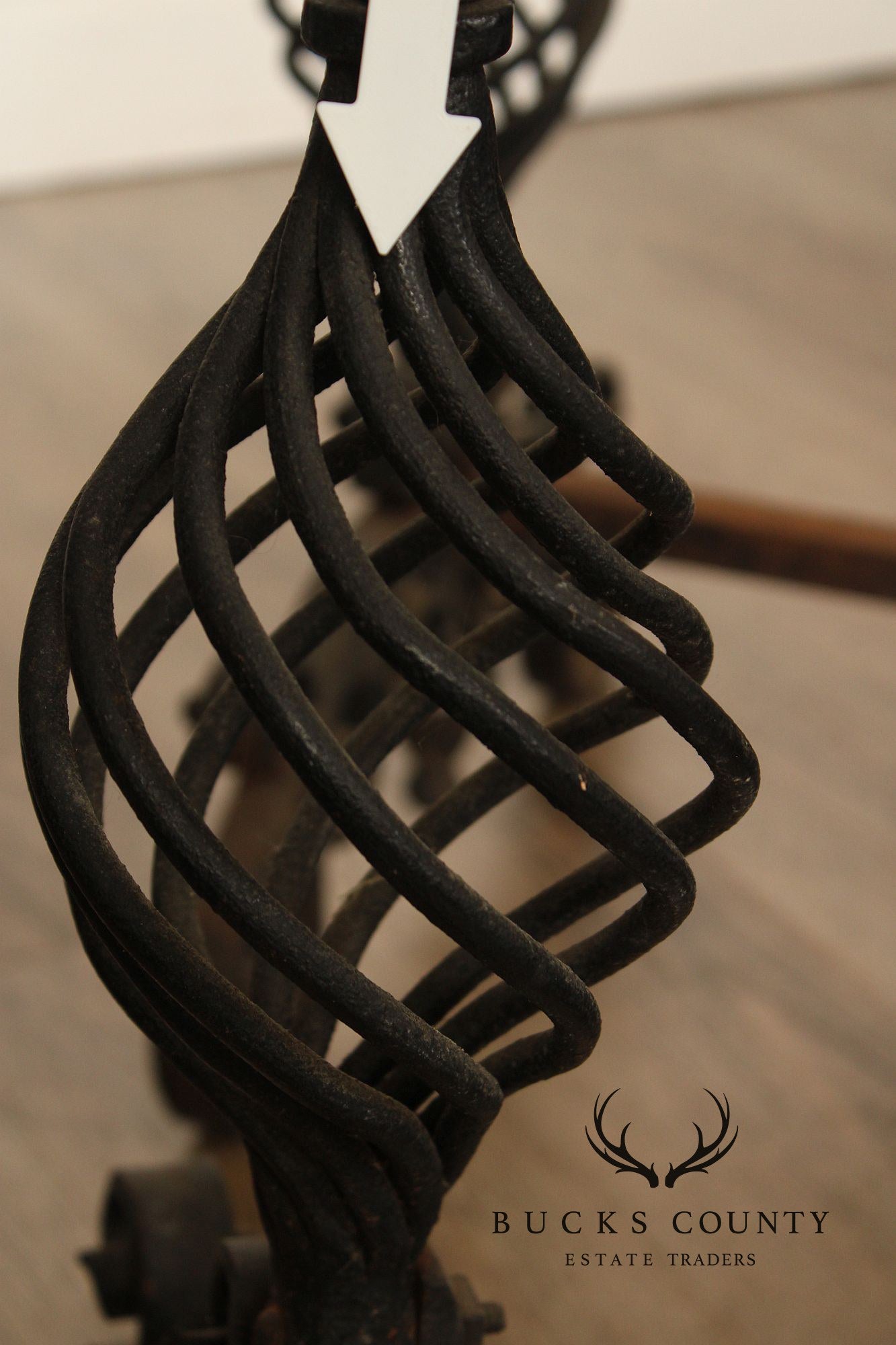 Arts & Crafts Pair of Scrolling Wrought Iron Andirons