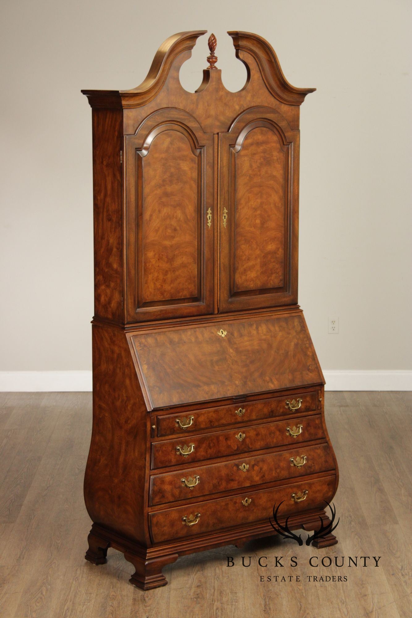 Chippendale Style Burled Walnut Bombe Secretary Desk Bookcase By Heritage Heirloom
