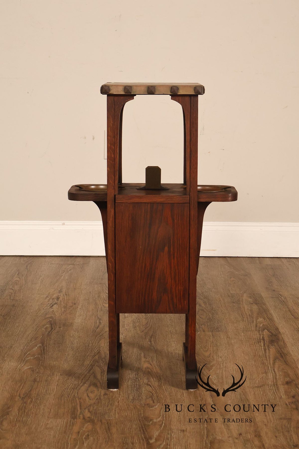 Antique Mission Arts And Crafts Oak Smoking Stand With Copper Ashtrays