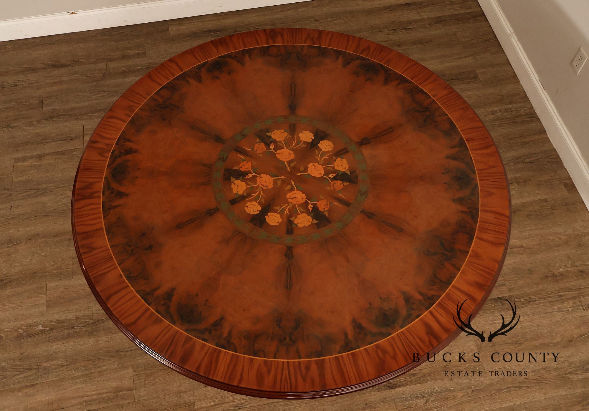 60” Round Pedestal Inlaid Burl Wood Dining or Center Table