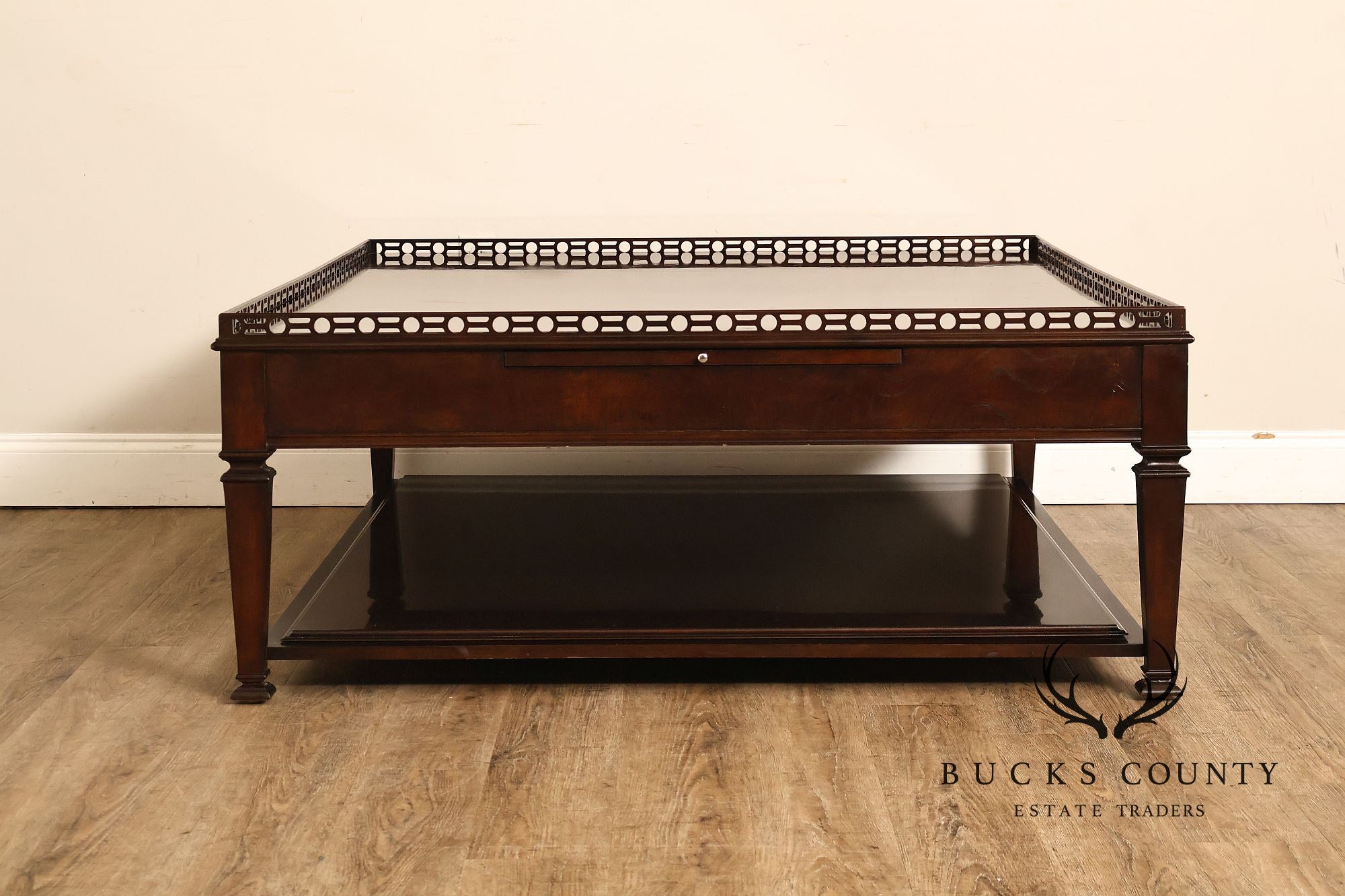Century Furniture Large Mahogany Two Drawer Gallery Top Rectangular Cocktail Coffee Table
