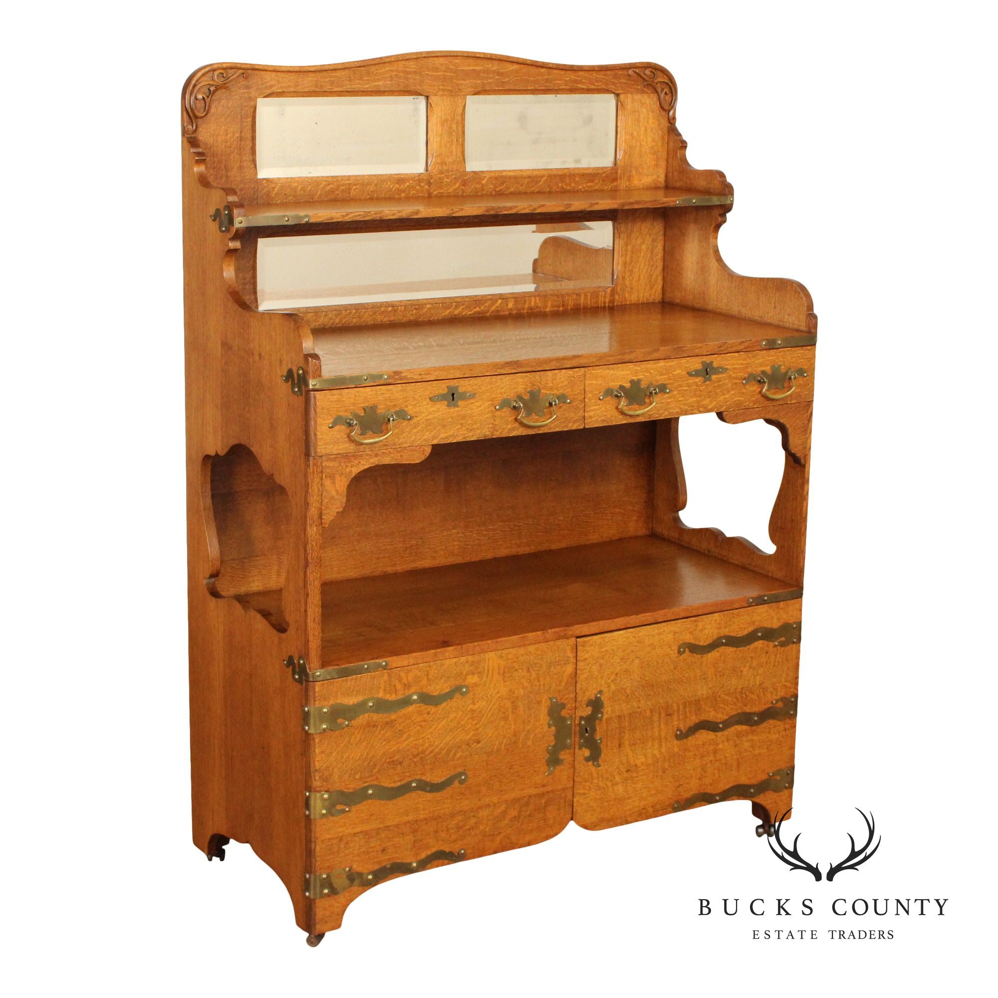 Antique Victorian Golden Oak Sideboard With Mirrored Back