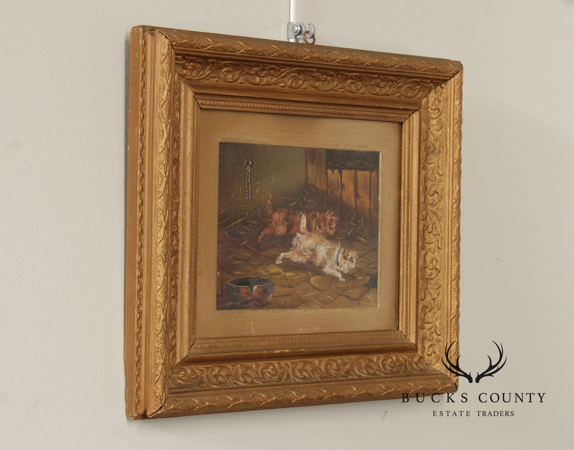 Antique English School Oil Painting, Dogs in Barn