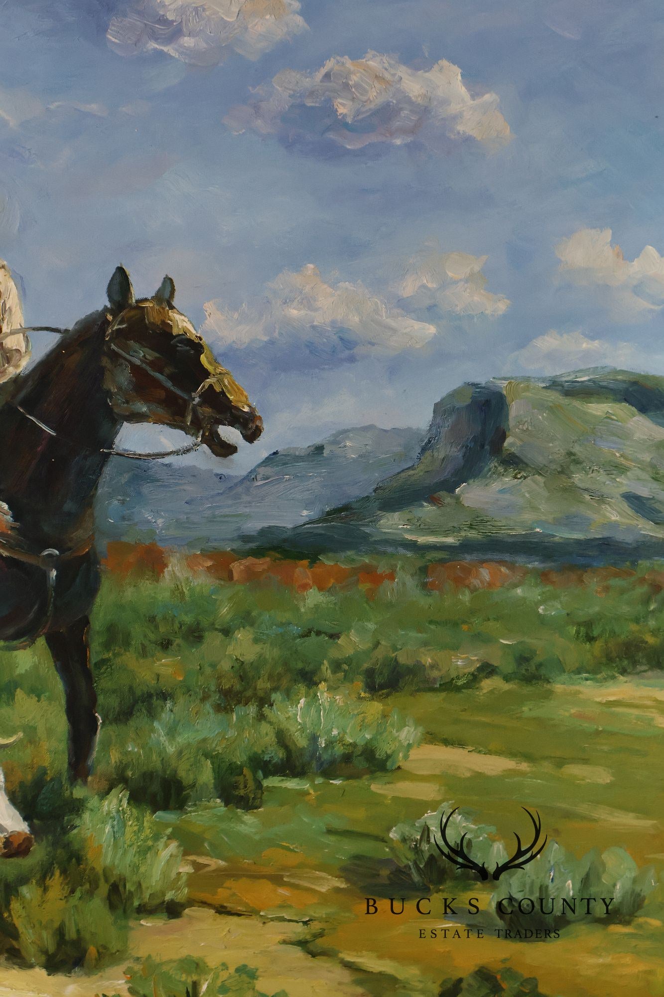 Western Cowboy on Horse Oil Painting on Canvas 55" x 43" Signed 'S. T. Cesent' in Gold Gilt Frame