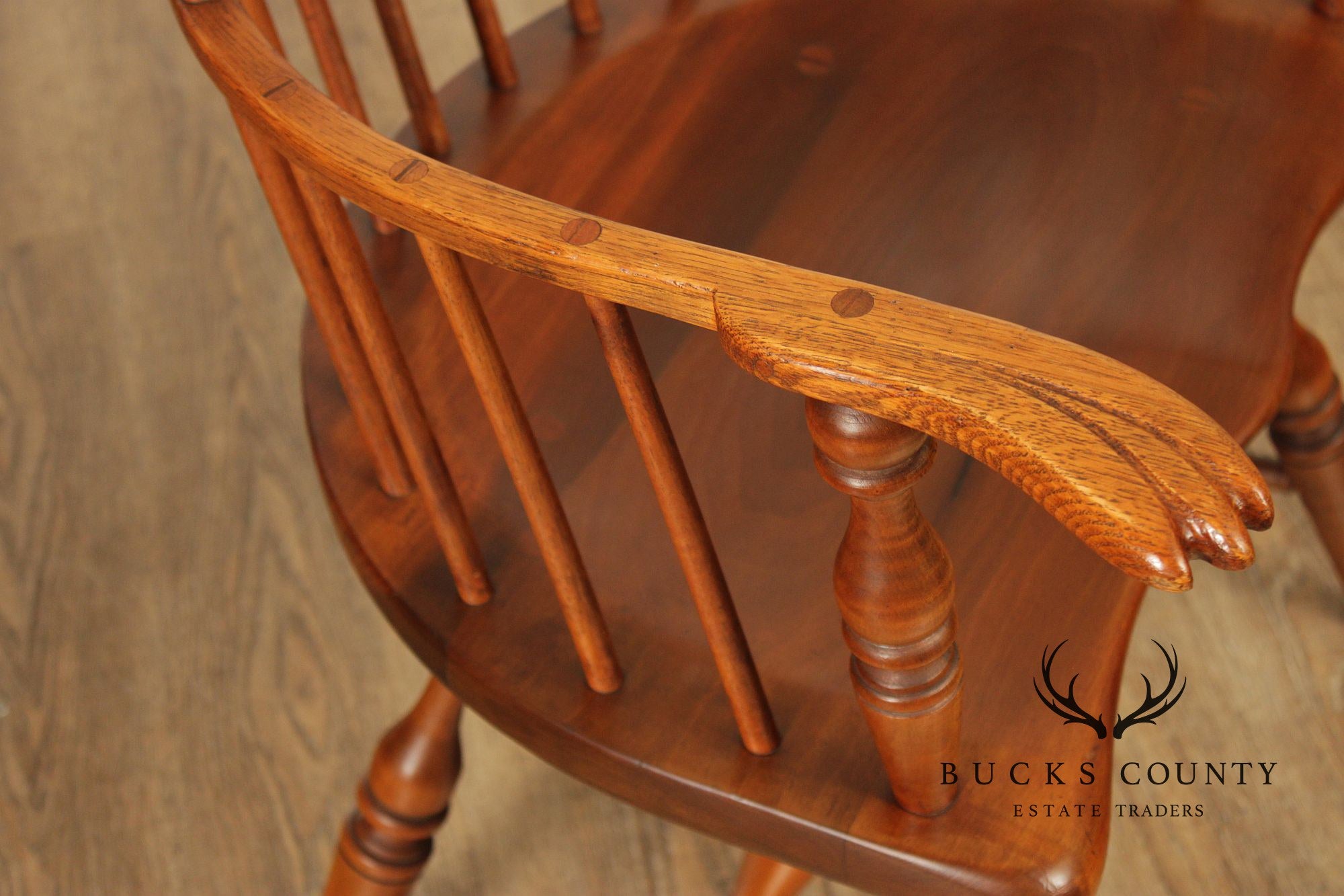 Quality Vintage Pair of Mixed Woods Windsor Armchairs