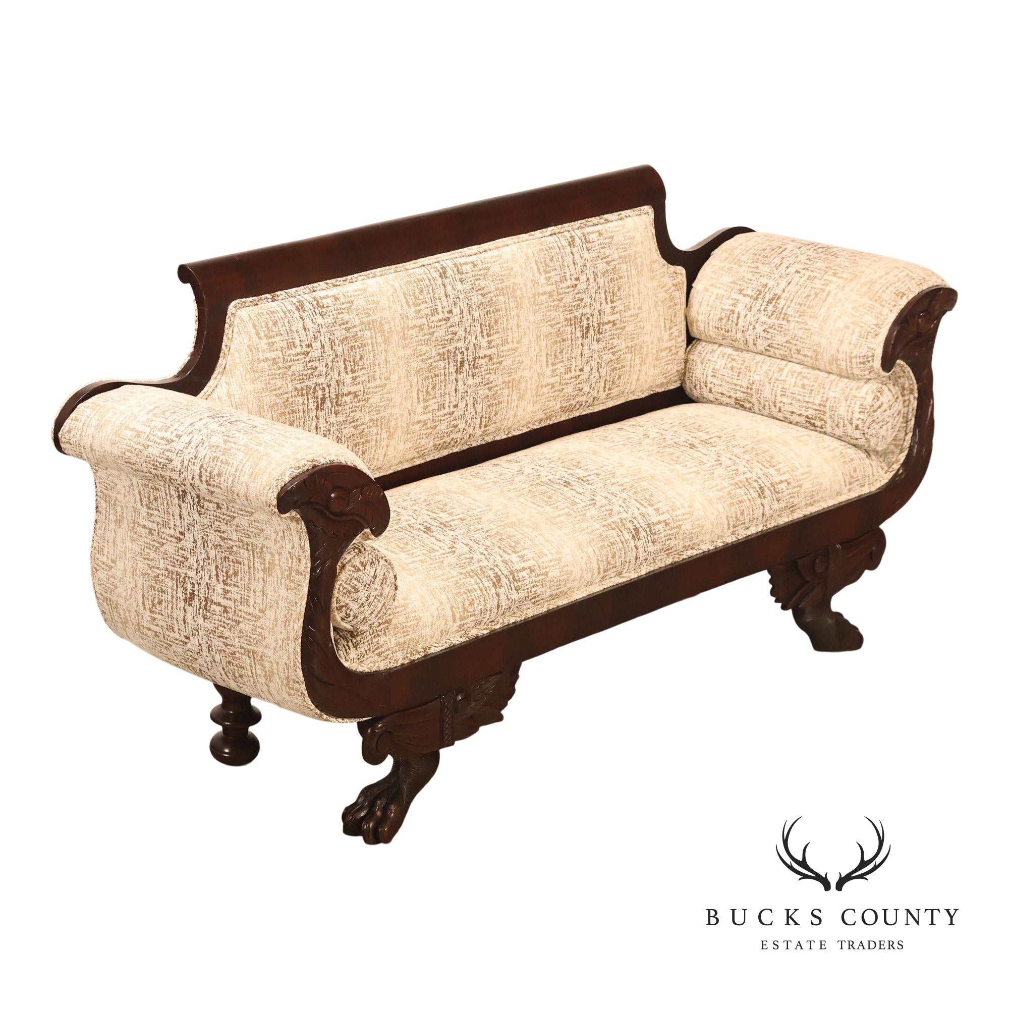 Antique American Upholstered Empire Style Carved Mahogany Sofa