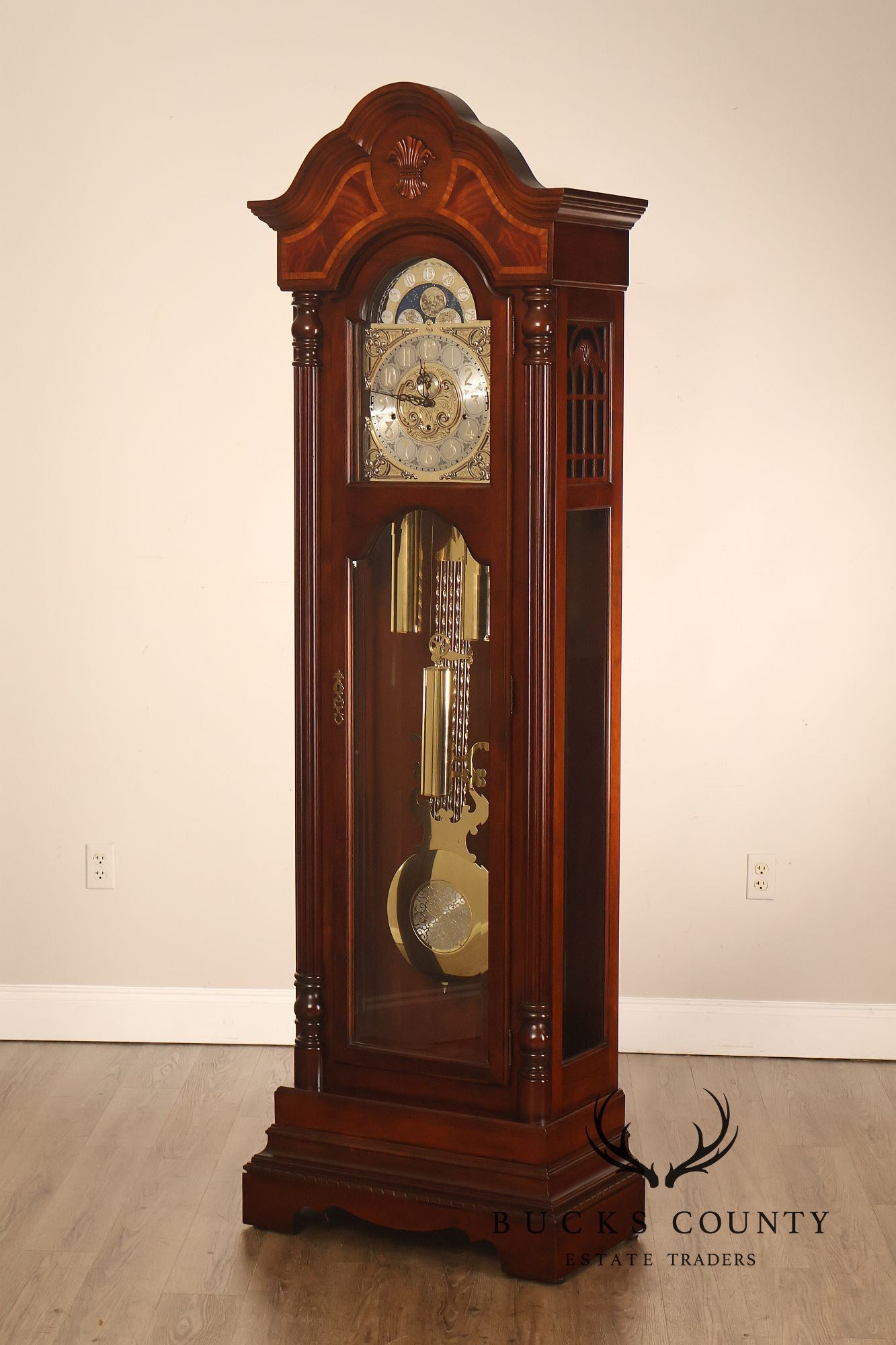Sligh Mahogany Grandfather Clock With Moon Dial And Triple Chime Movement